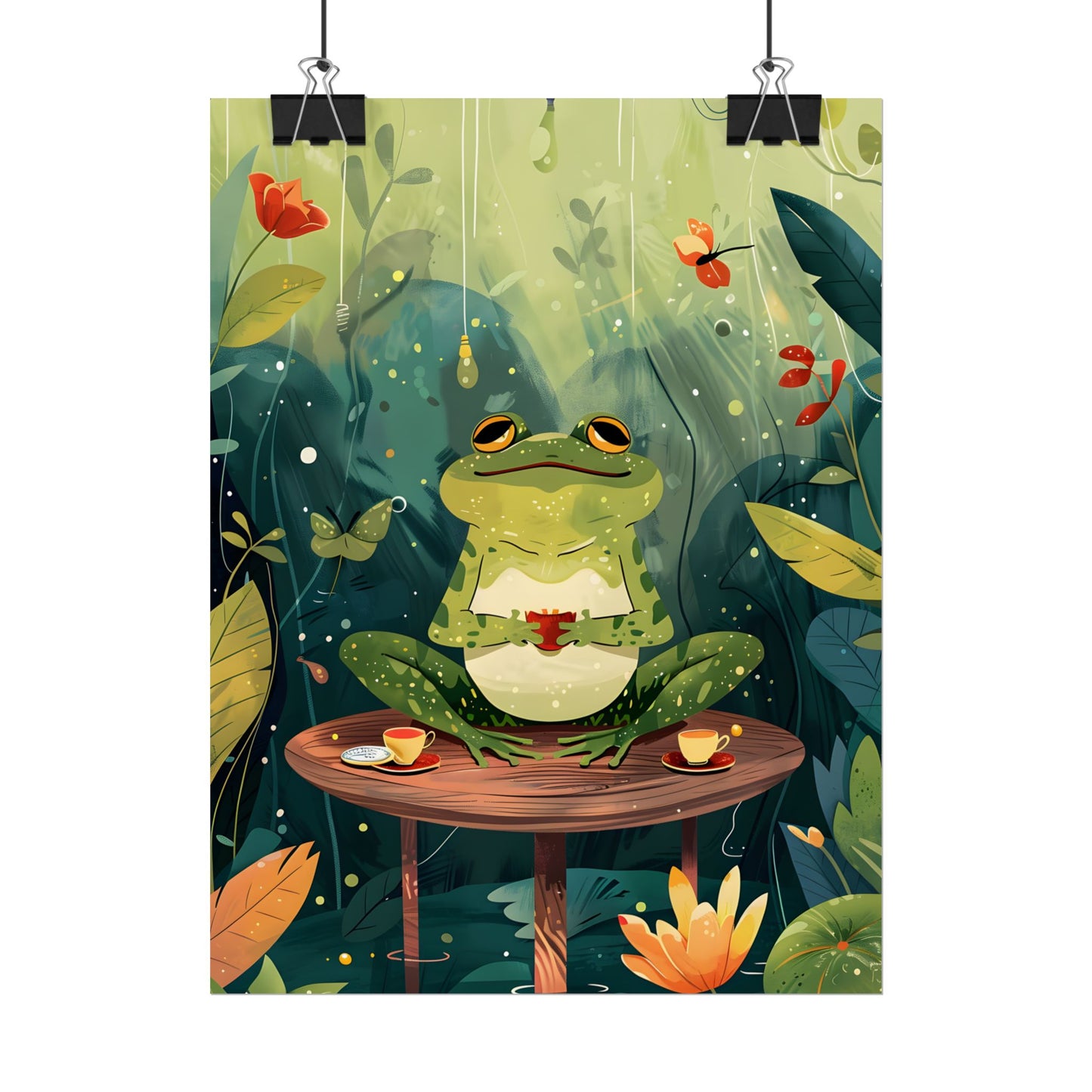 Whimsical Frog on Water: Playful Lily Pad Illustration - Poster