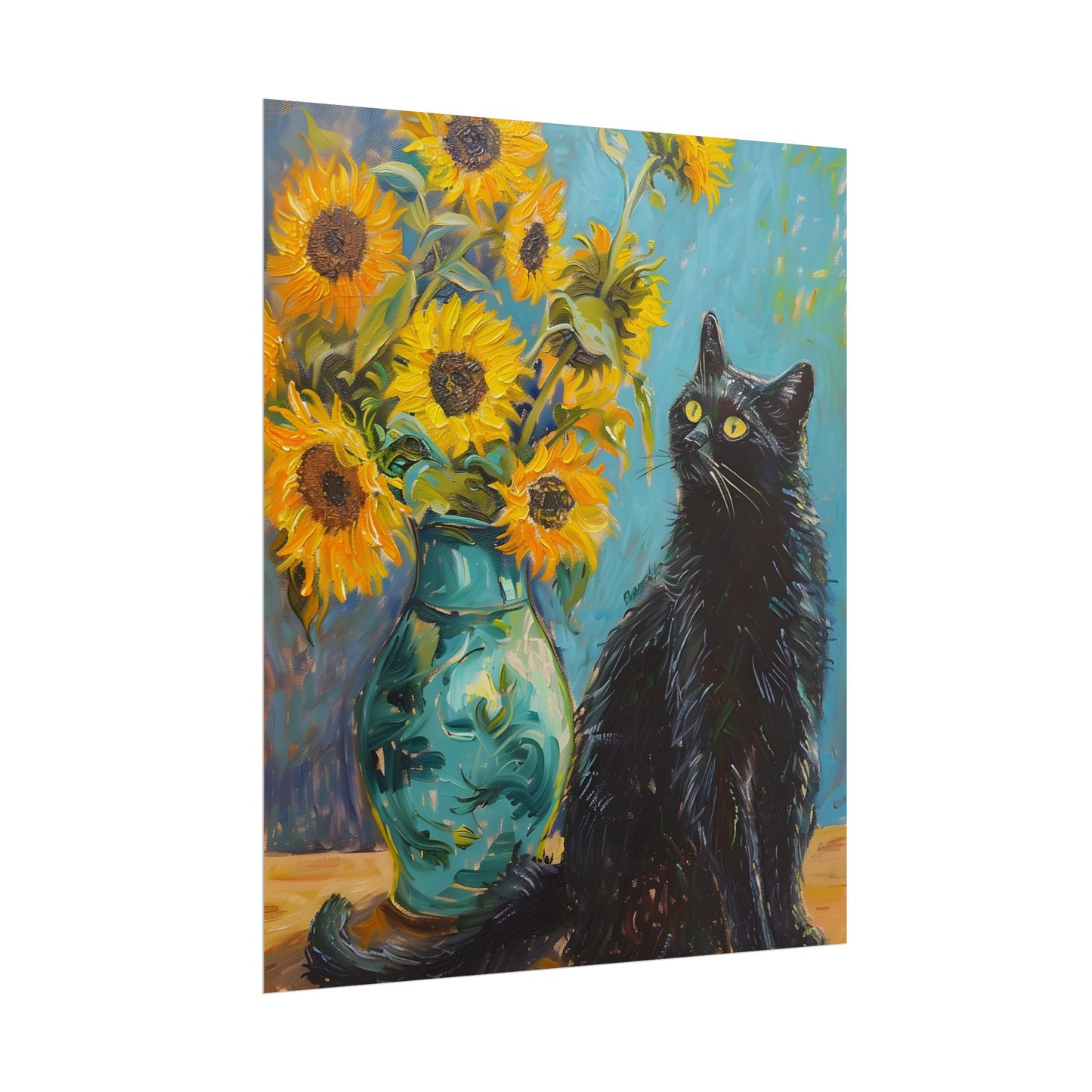 Whispers in the Garden: A Black Cat Among Sunflowers - Poster