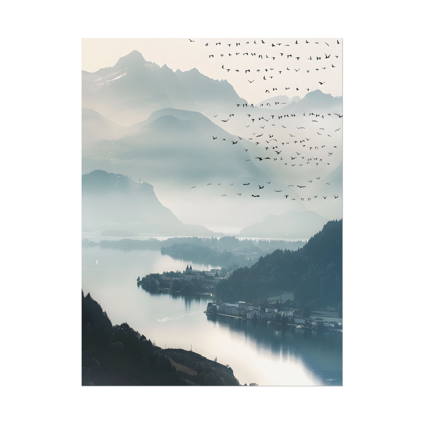 Serene Mountain Landscape: Bird's Eye View Art - Poster