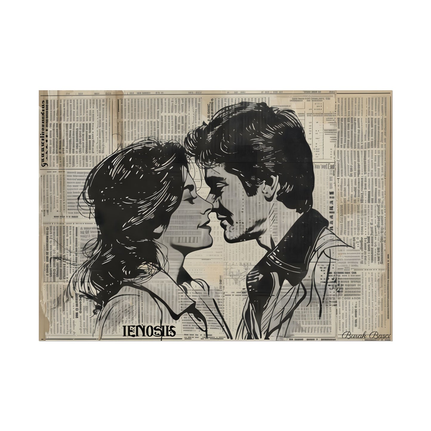 Vintage Romance Couples: Timeless Newsprint Art - Poster