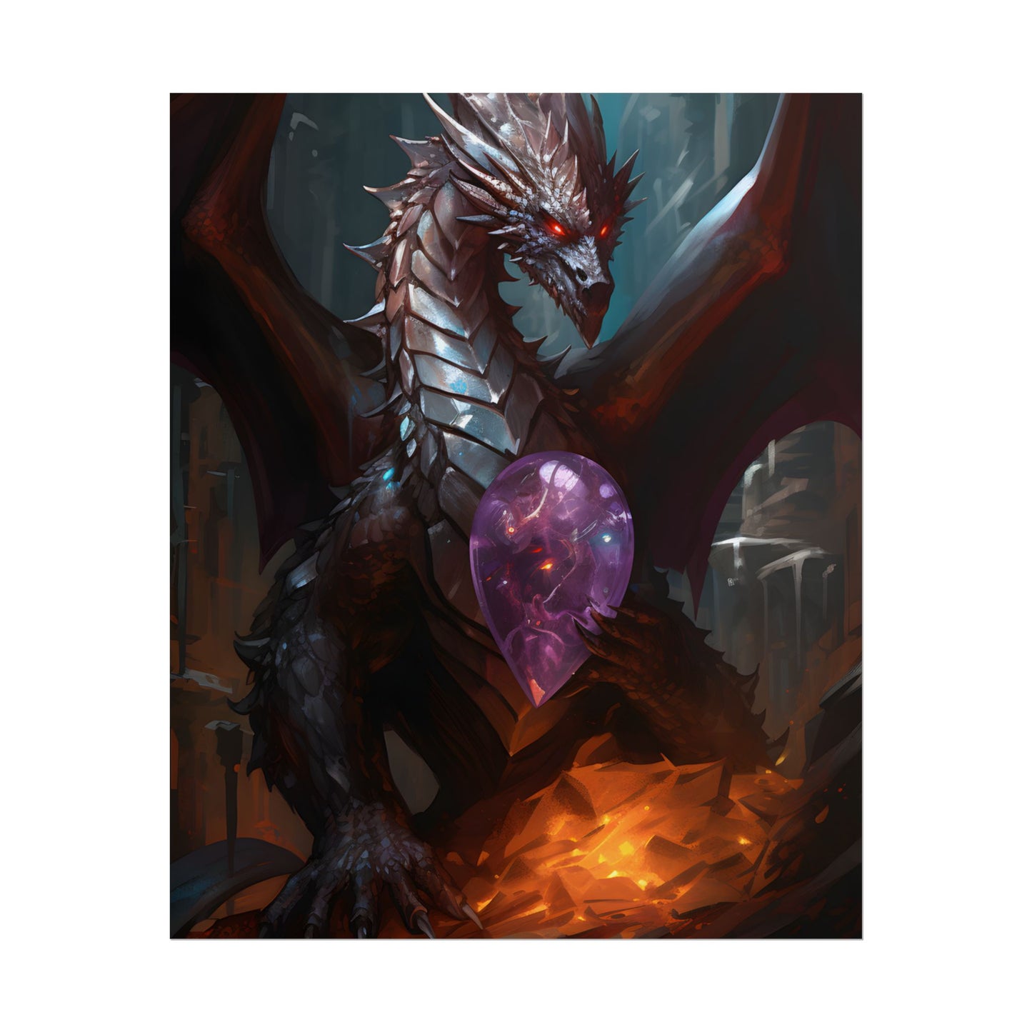 Ancient Fantasy Dragon Guarding Lair: Mythical Artwork - Poster