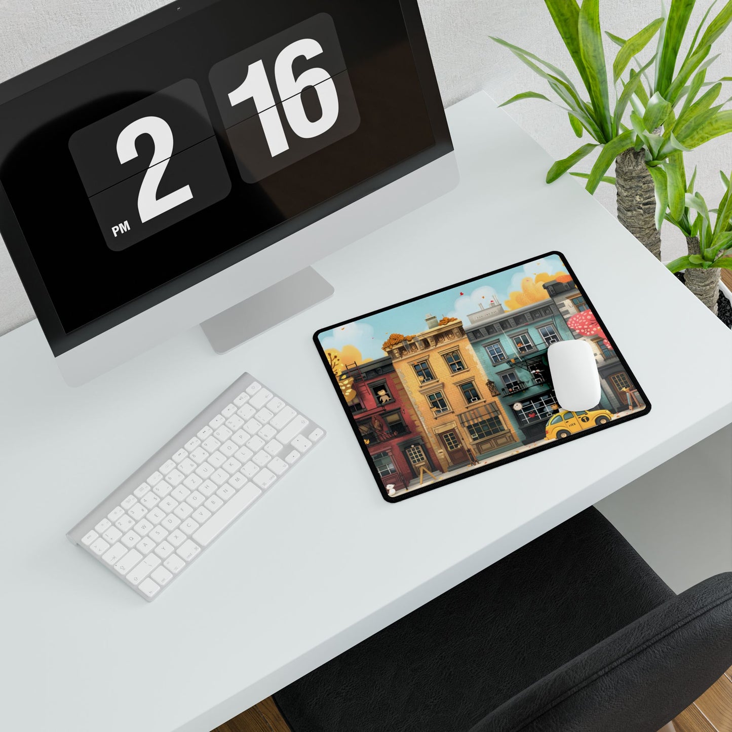 Whimsical Wonder: Playful Yellow Building Illustration - Desk Mat