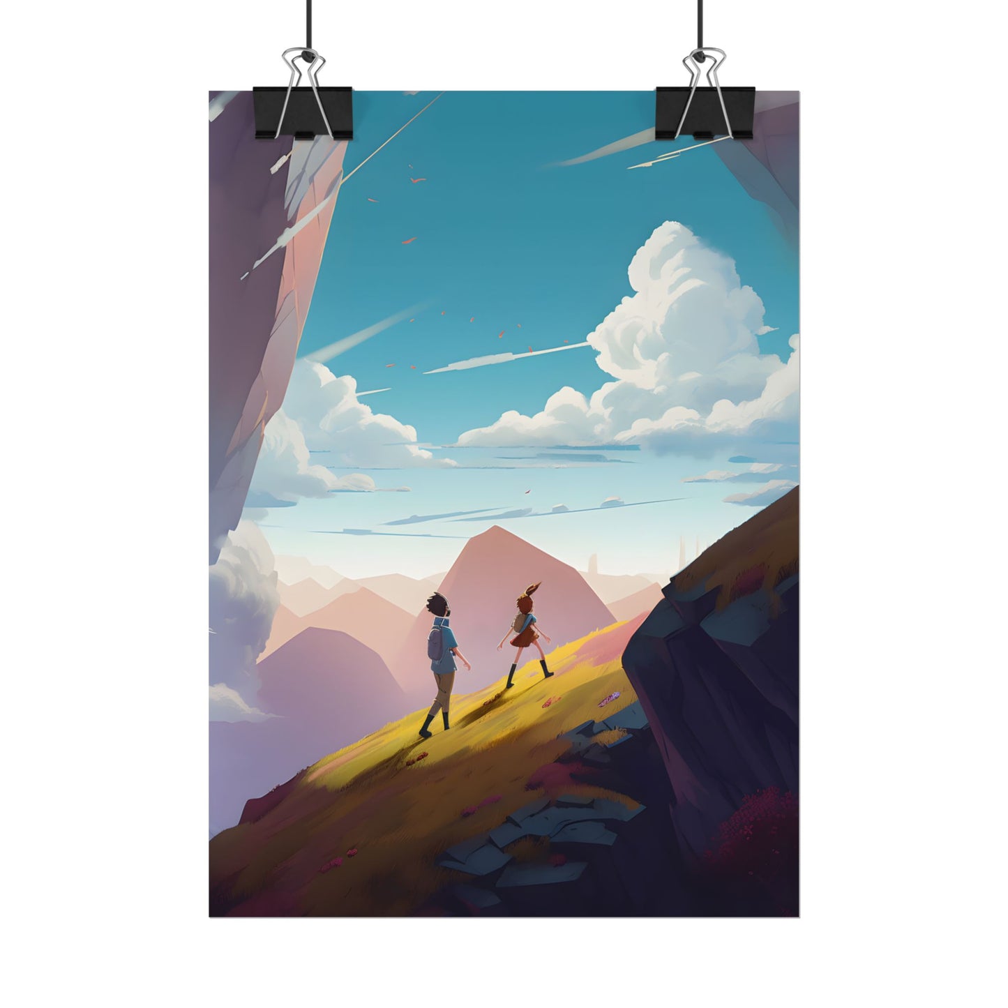 Young Boy and Girl on Cloudy Meadow: Outdoor Landscape Art - Poster