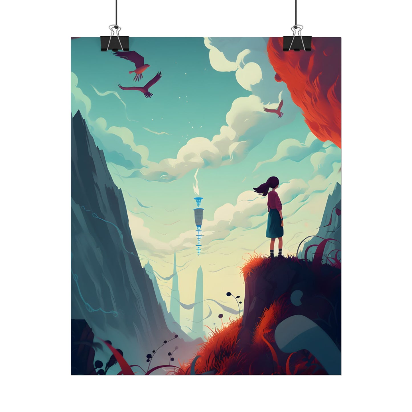 Cloudy Meadow: Boy and Girl in Serene Nature Scene - Poster