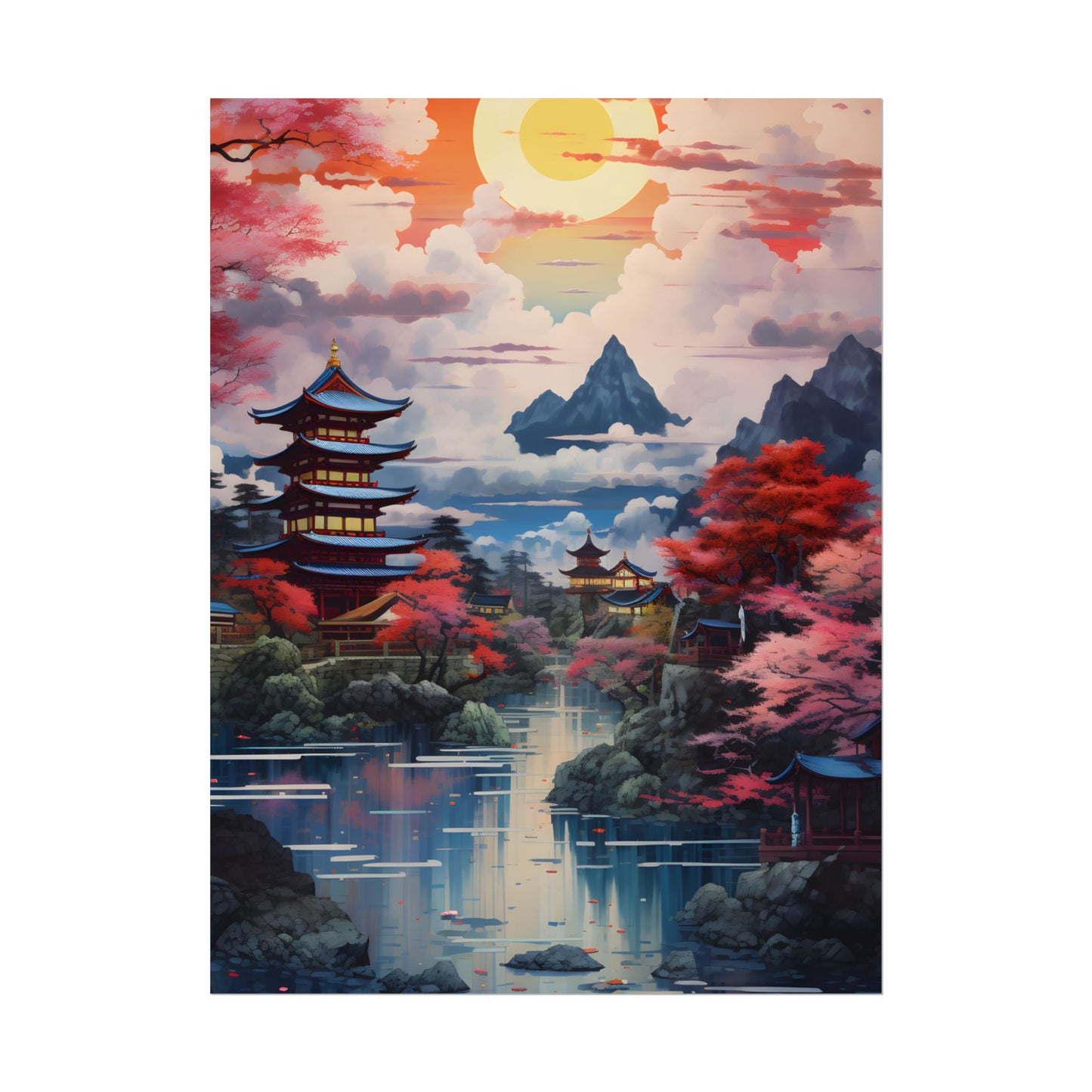 Wonderful Japanese River Scene with Serene Flowers - Poster