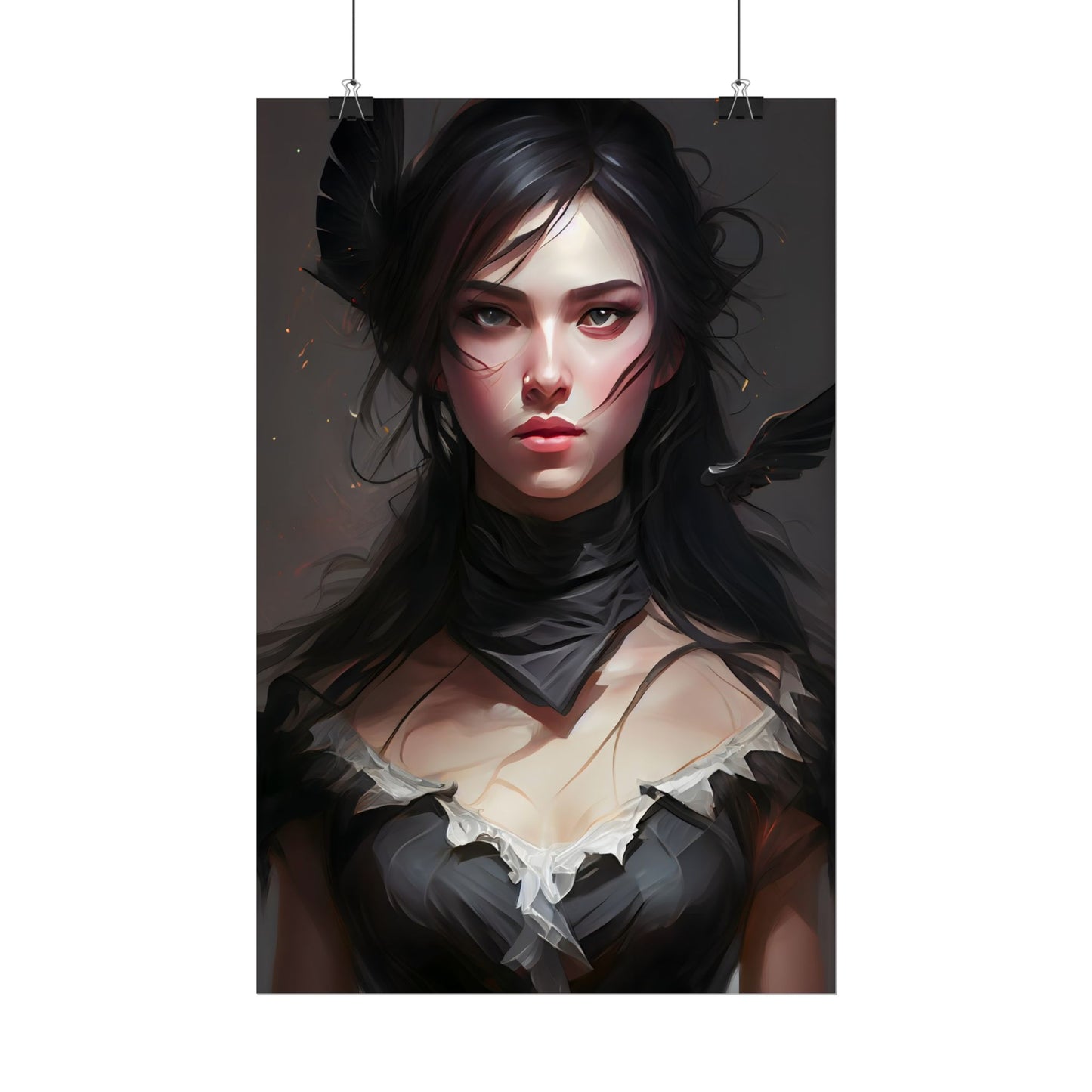 Female Portrait: Black Hair Artwork in Dark Background - Poster