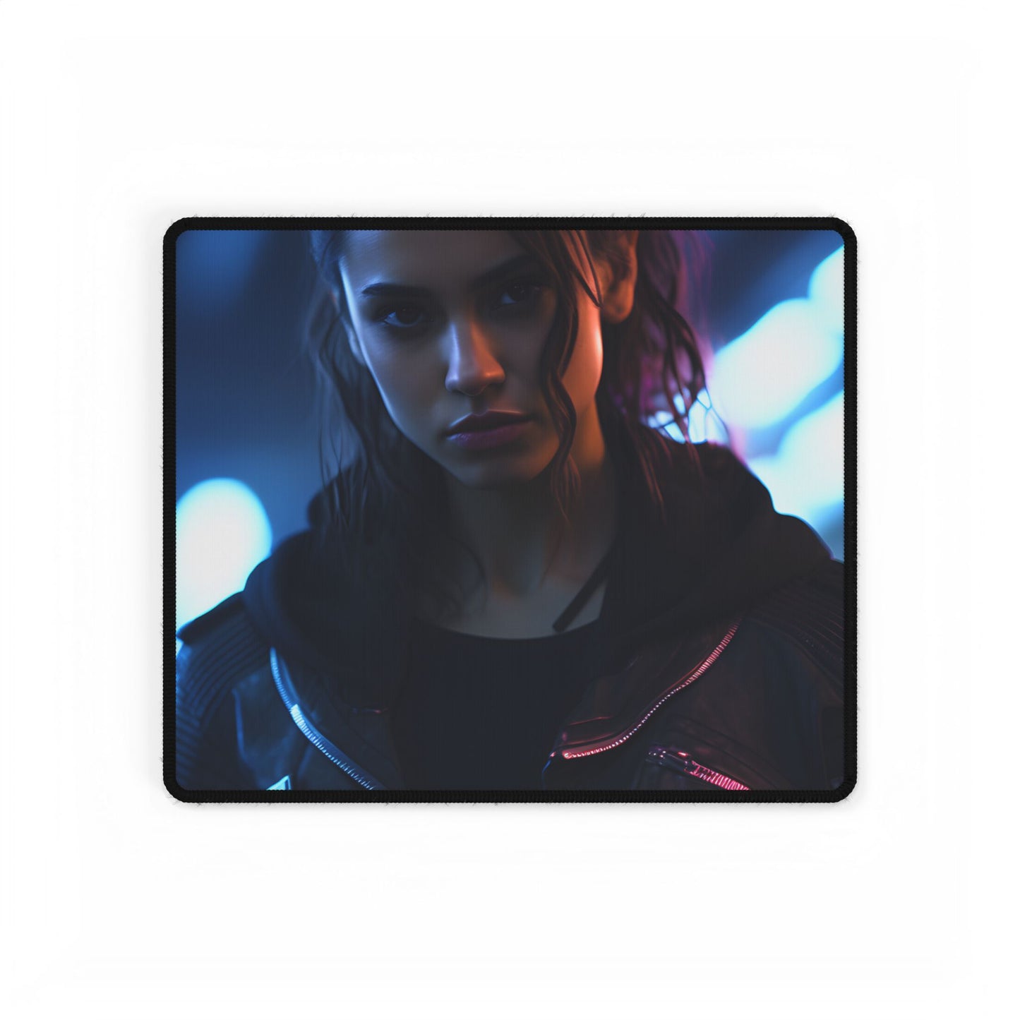 Cyberpunk Teen Close-Up: Neon Glow Digital Art - Desk Mat