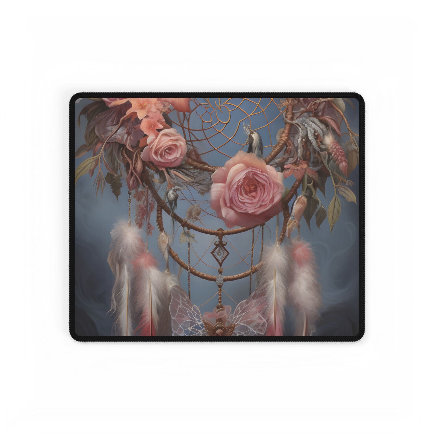 Ethereal Dreamcatcher Realm: Surreal Artwork with Colorful Feathers - Desk Mat