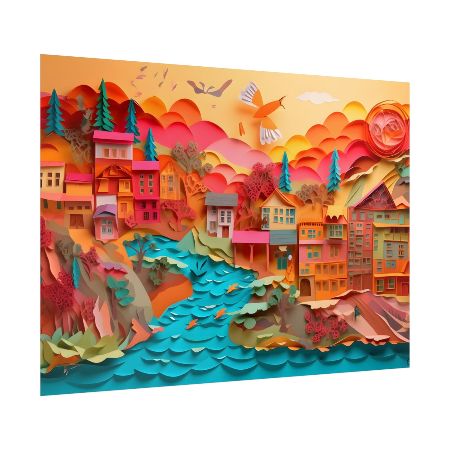 Magical Beach Quill: Vibrant Paper Art of Tropical Paradise - Poster