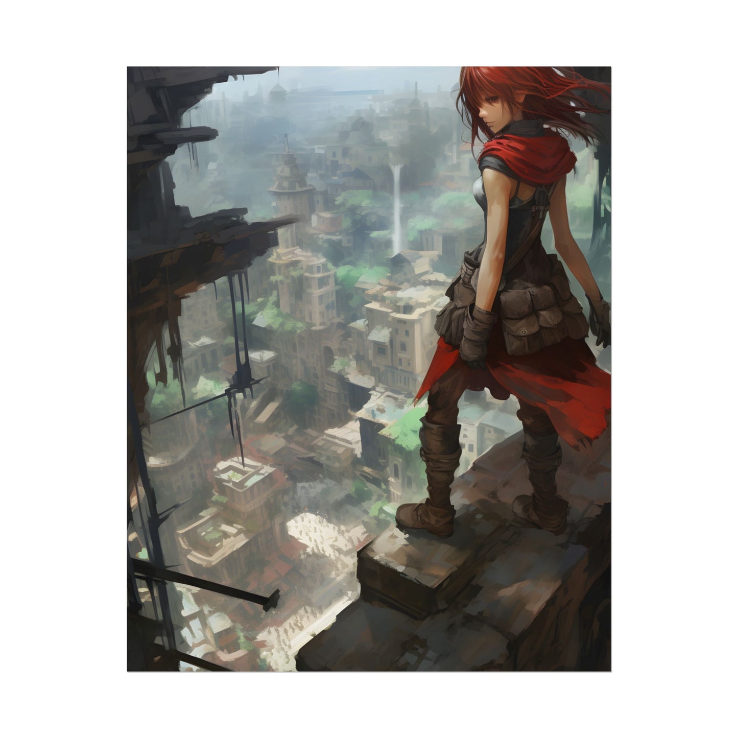 Dramatic Anime Bird's Eye View: Red Haired Heroine in Flight - Poster