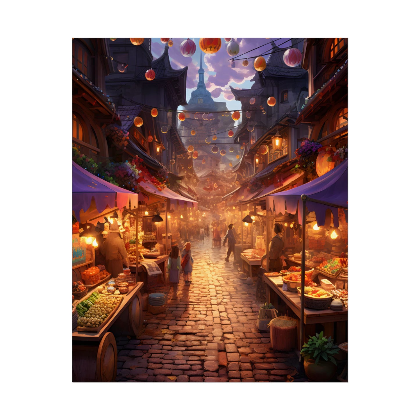 Magical Street Food Market: Vibrant Enchanted Scene Art - Poster