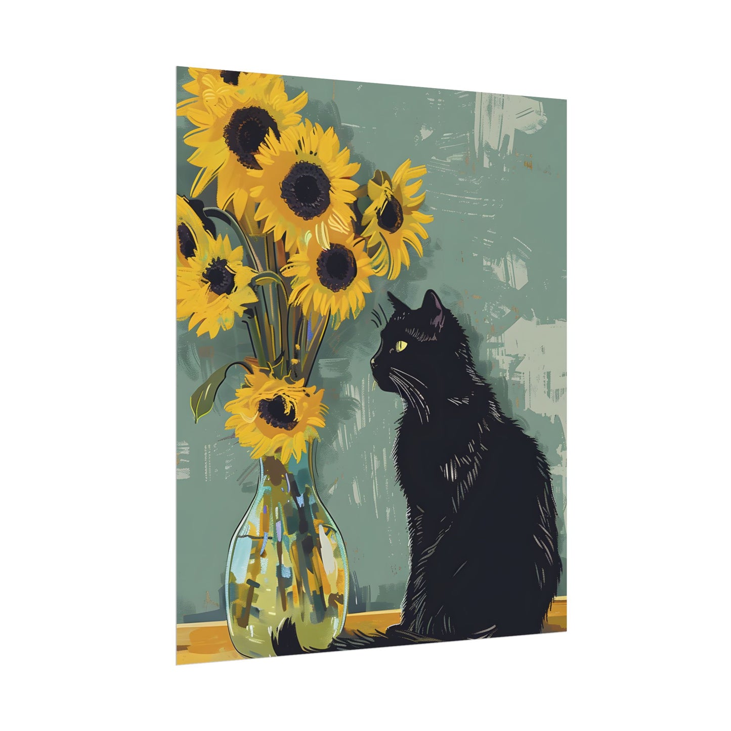 Whispers in the Sun: A Black Cat's Serene Moment with Sunflowers - Poster