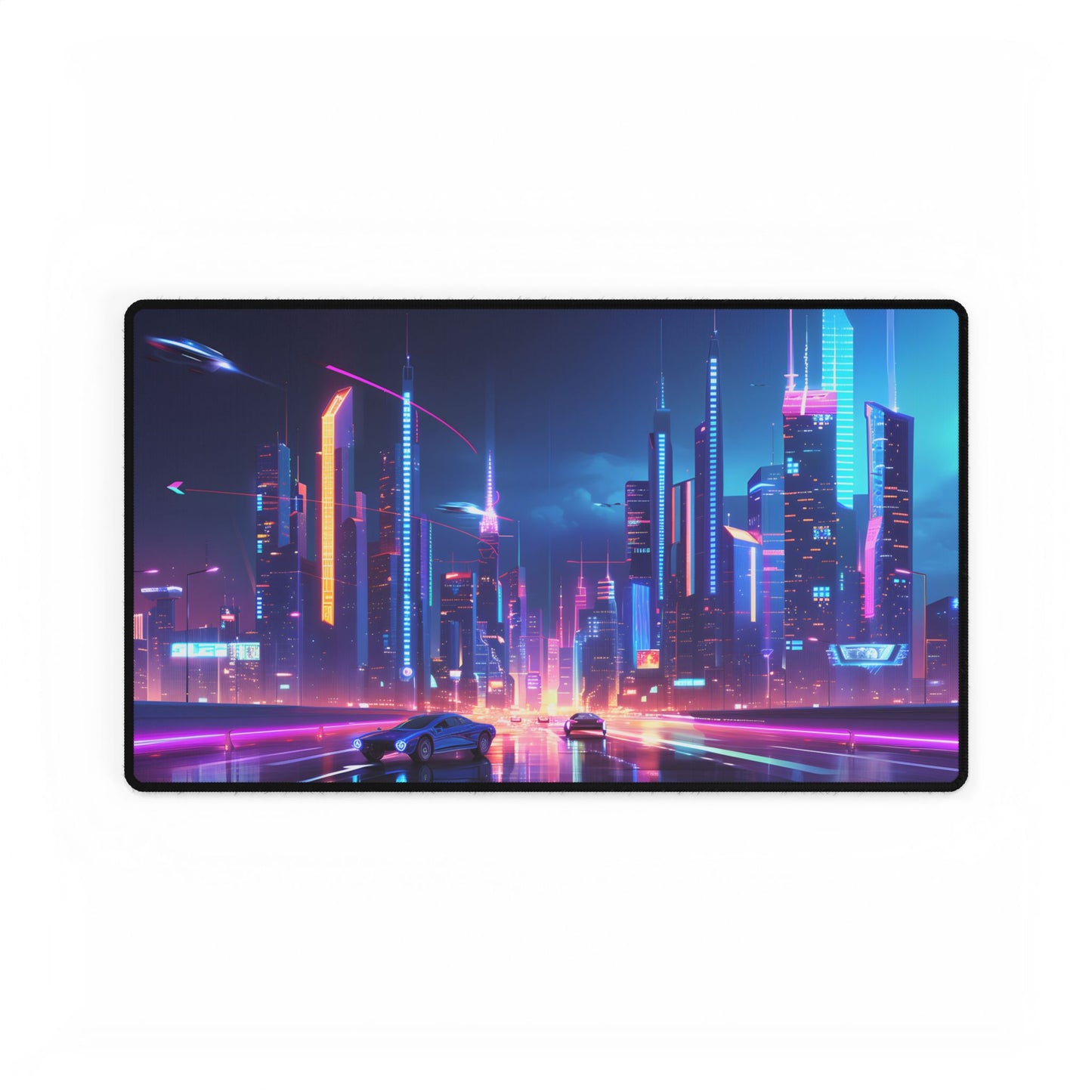 Futuristic City Glow: Neon Lights Digital Art - Desk Mat