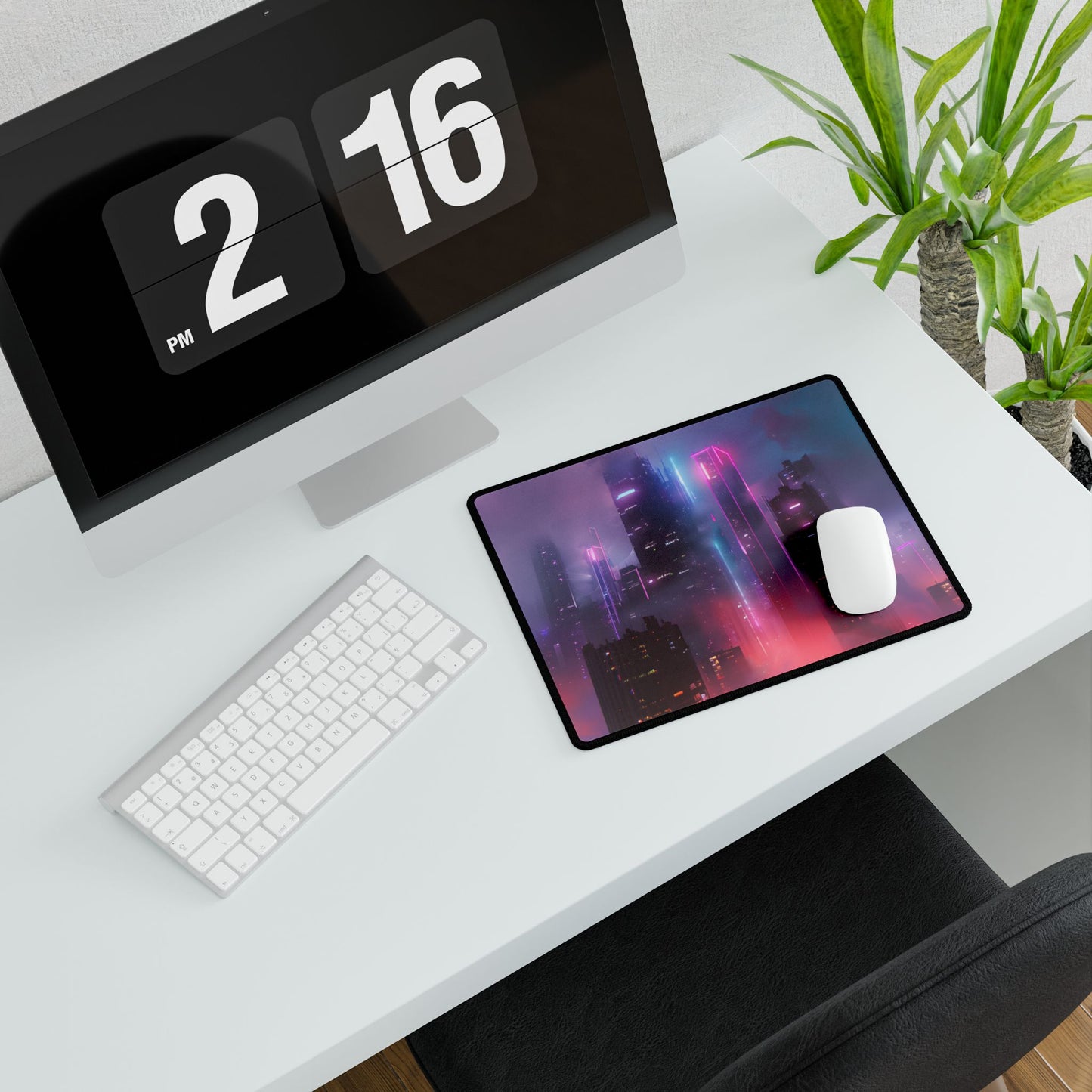 Futuristic Cityscape: Neon Dreams in the Urban Sky - Desk Mat