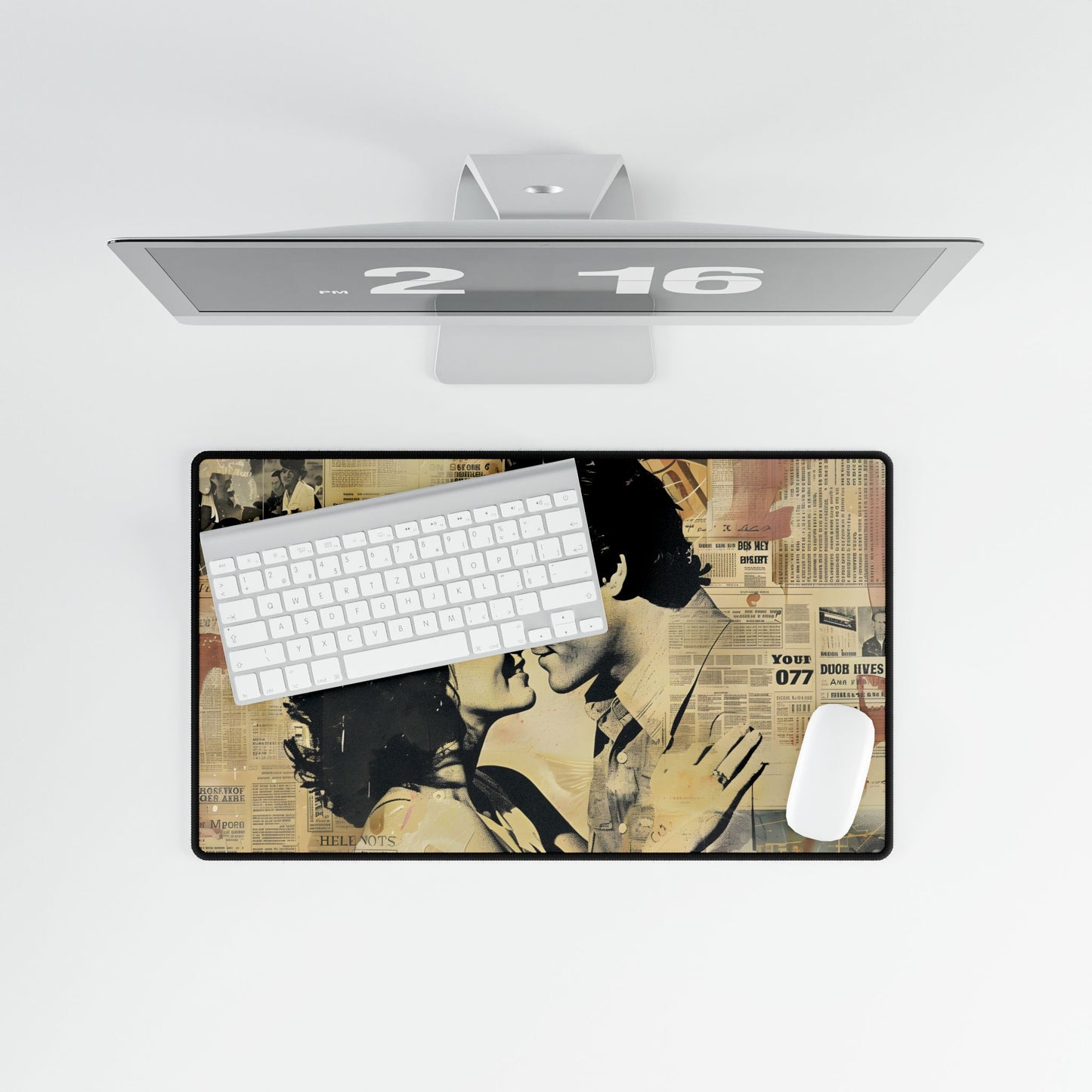Retro Vintage Romance: Couples Newsprint Artwork - Desk Mat
