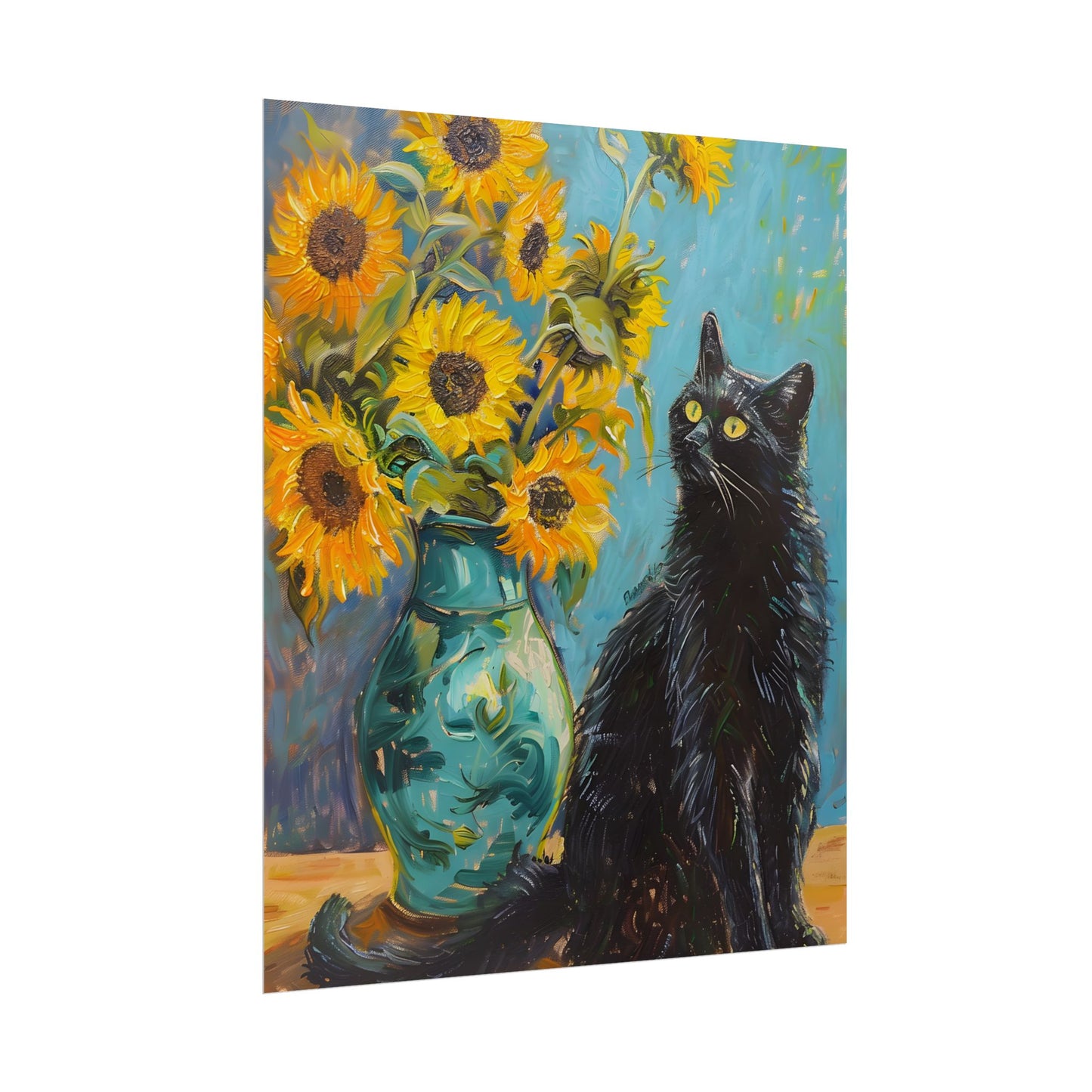 Whispers in the Garden: A Black Cat Among Sunflowers - Poster