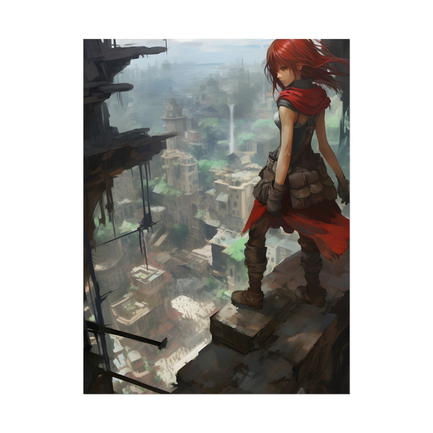 Dramatic Anime Bird's Eye View: Red Haired Heroine in Flight - Poster