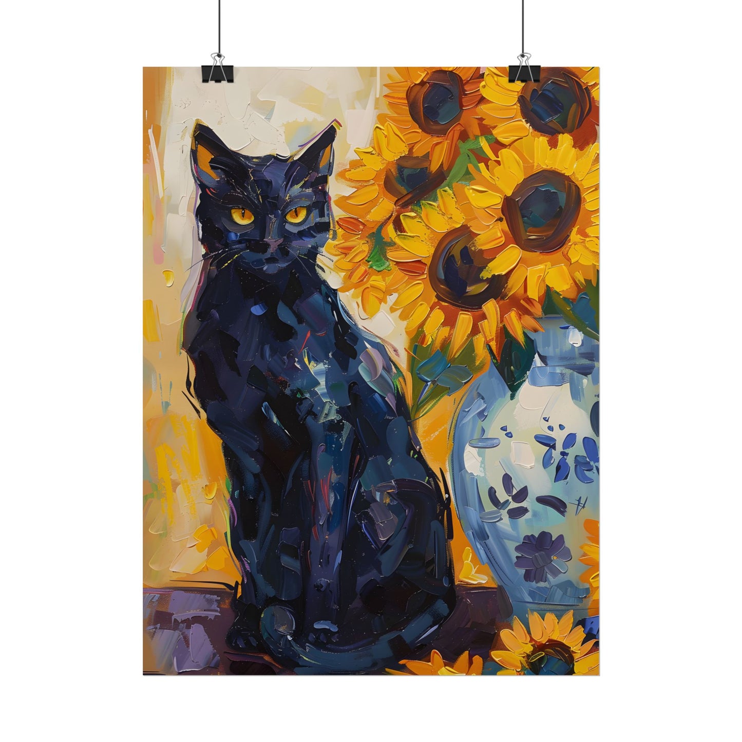 Whiskers by Sunshine: Black Cat in a Blooming Garden - Poster