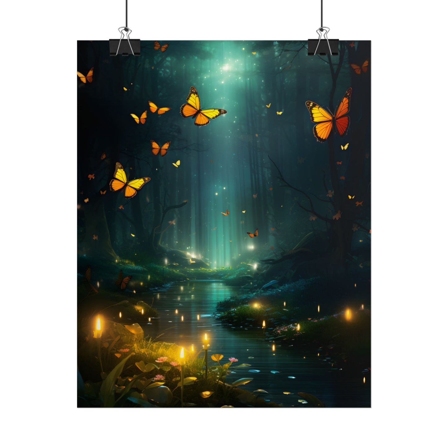 Fantasy Night Bokeh Artwork: Glowing Fog Forest Painting - Poster