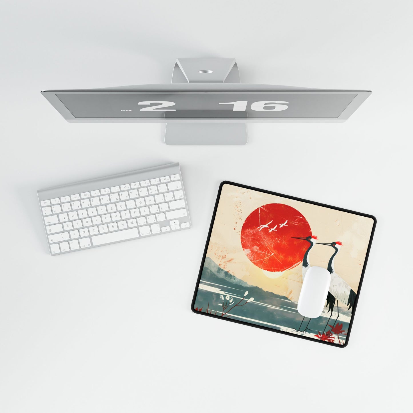 Serene Crane Landscape: Two Industrial Cranes in Nature - Desk Mat