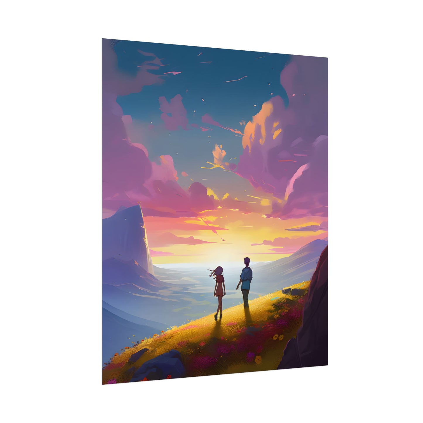 Young Love in a Cloudy Meadow: A Heartwarming Artwork - Poster