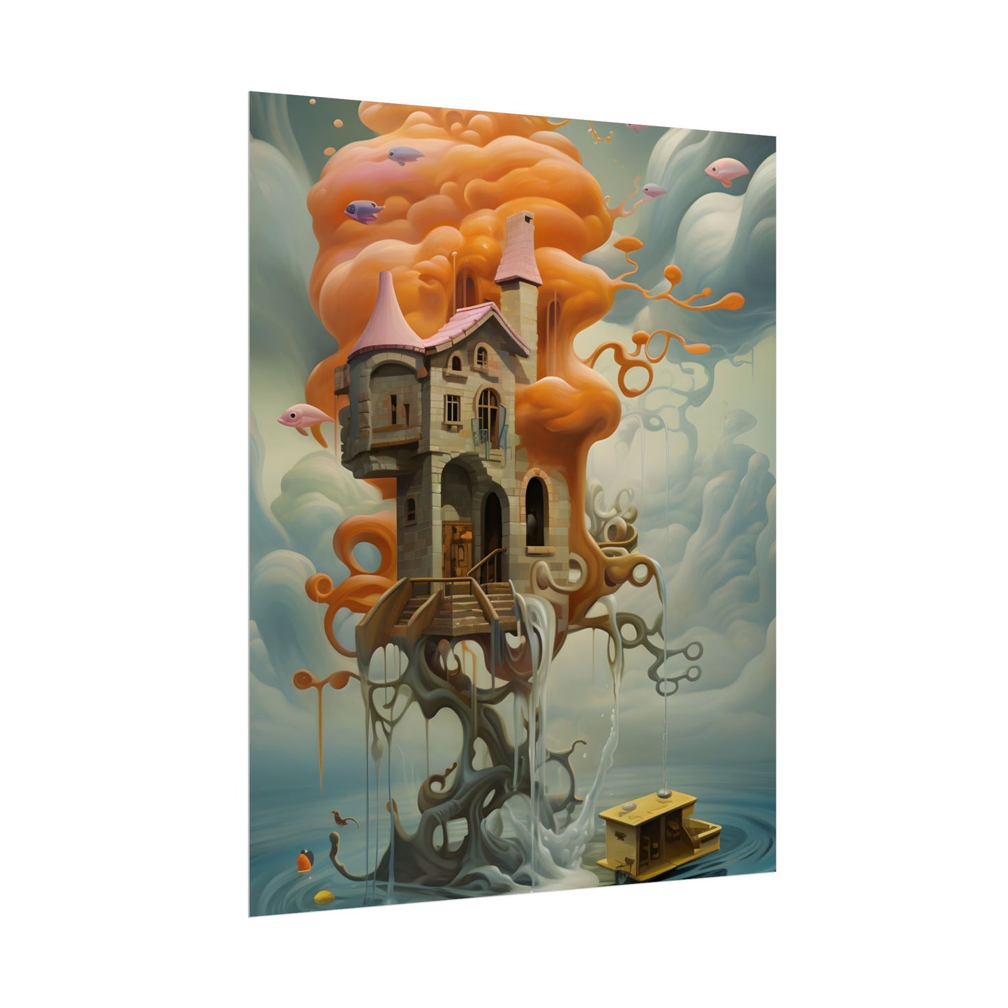 Surreal Dreamscape: Orange Mushroom in Psychedelic Landscape - Poster