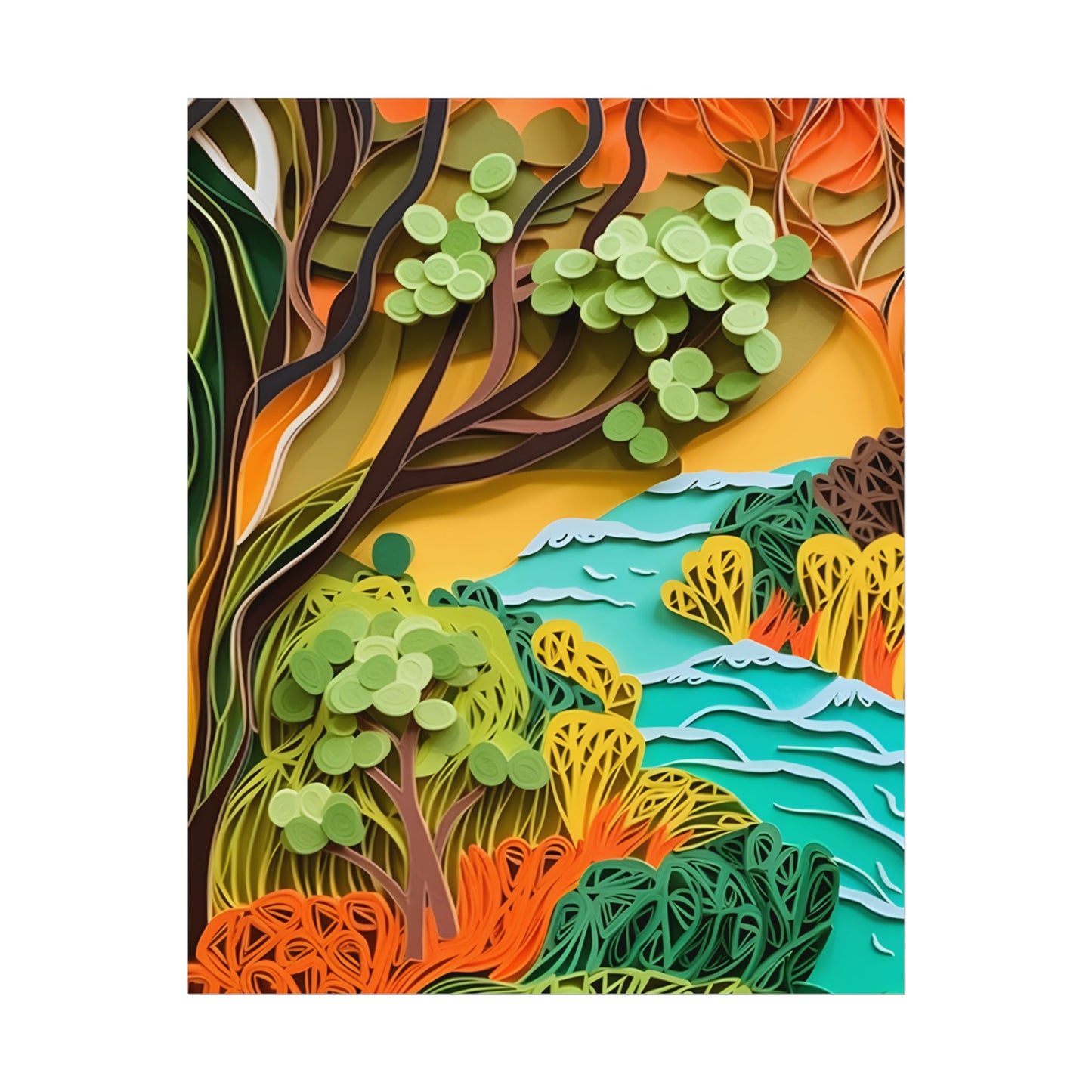 African Paper Quilled Landscape: Artwork in Brown and Green - Poster