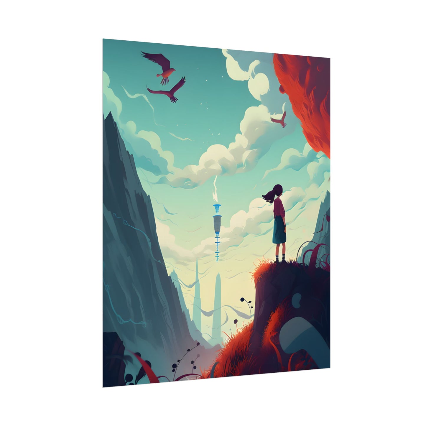 Cloudy Meadow: Boy and Girl in Serene Nature Scene - Poster