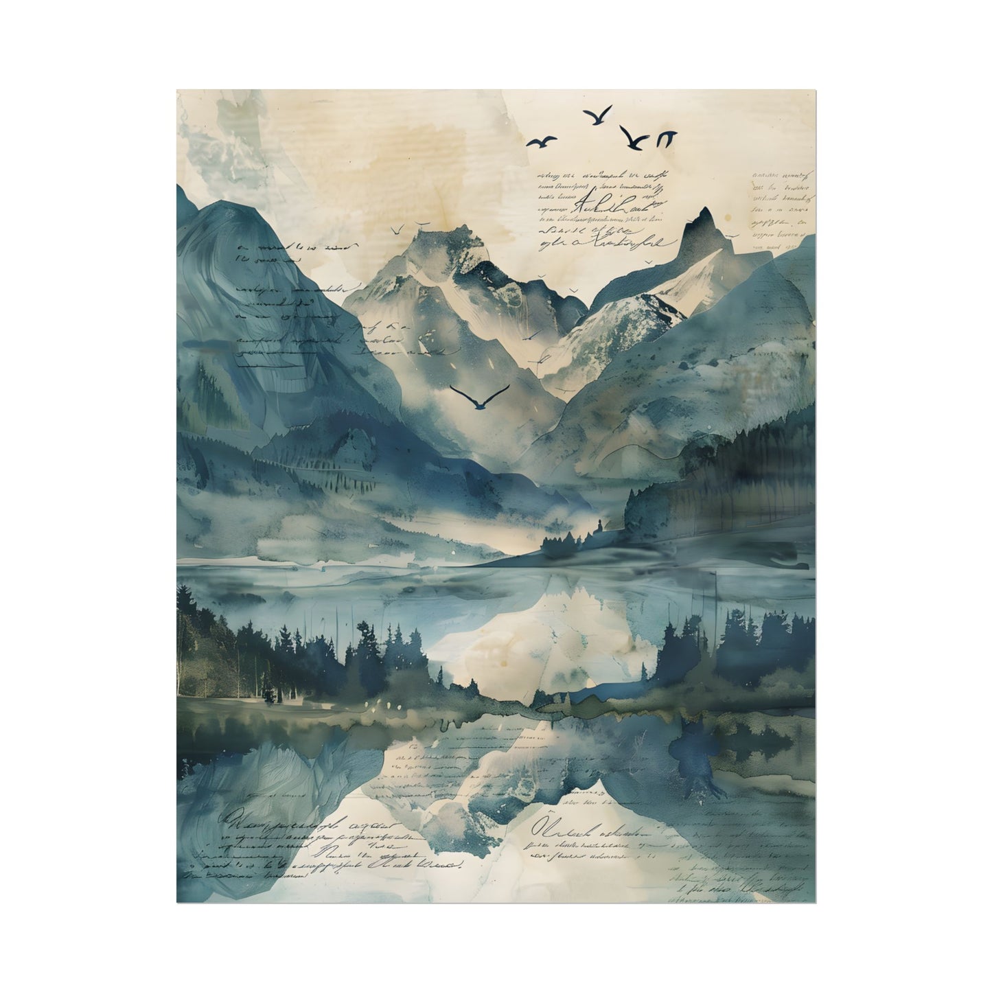 Serene Mountain Landscape: Wildlife Art with Birds in Flight - Poster