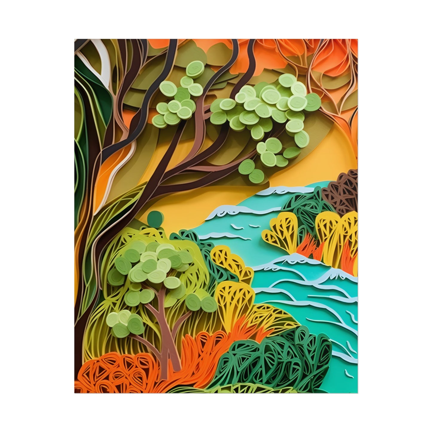 African Paper Quilled Landscape: Artwork in Brown and Green - Poster