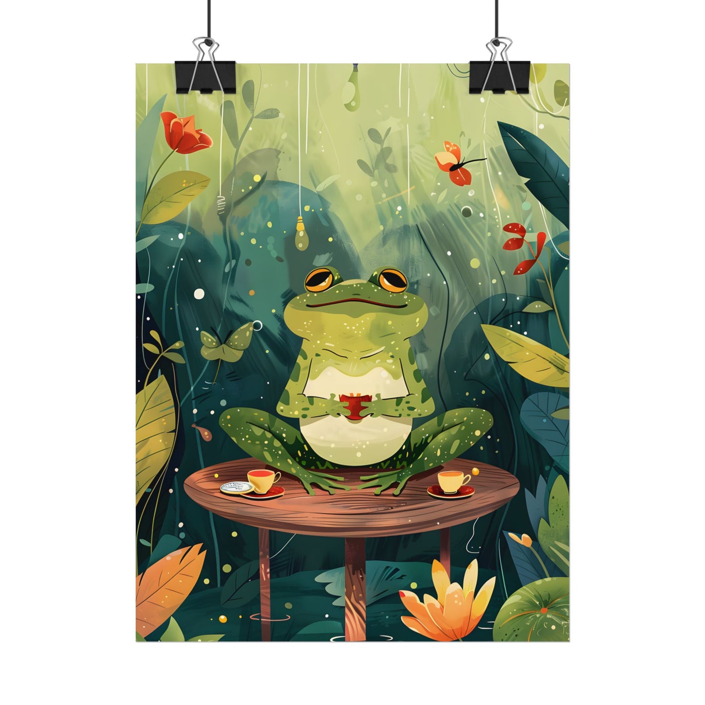 Whimsical Frog on Water: Playful Lily Pad Illustration - Poster