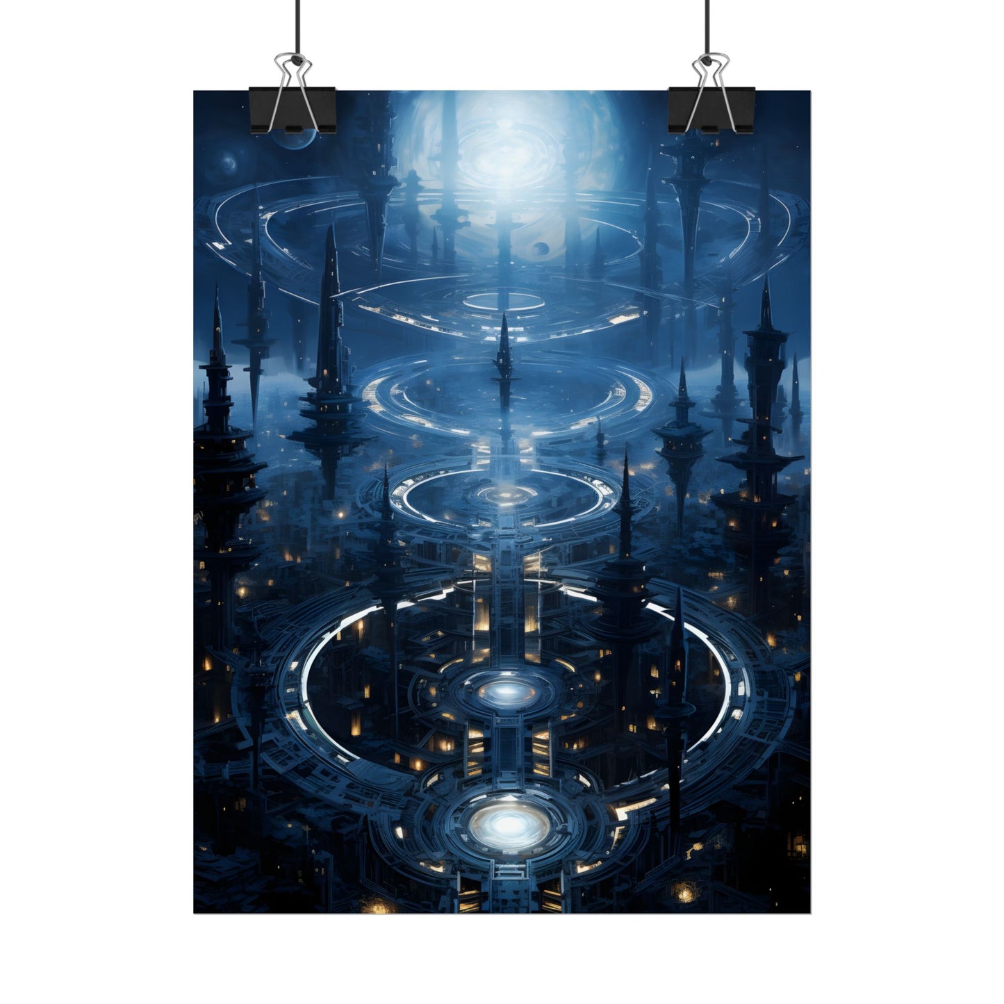 Aetherial Space Station: Galactic Hub in Vibrant Blue Nebula - Poster
