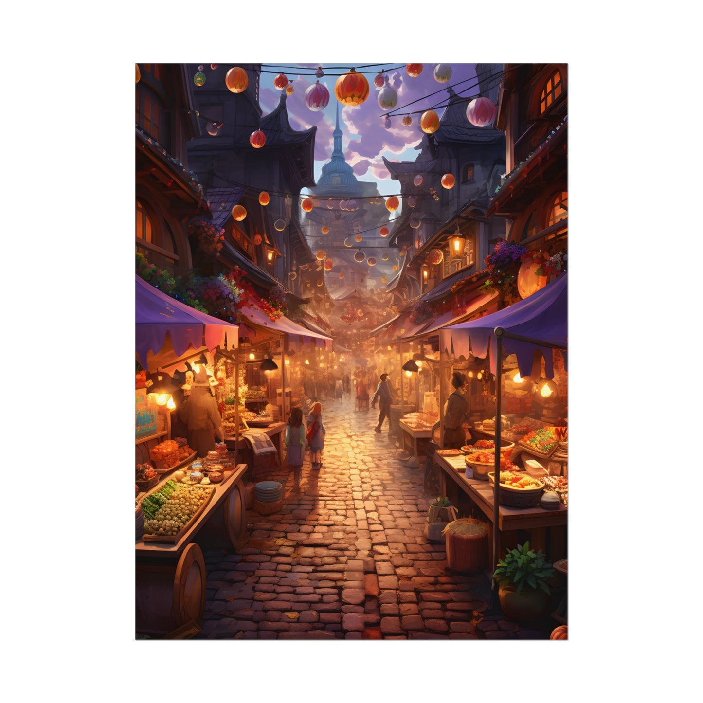 Magical Street Food Market: Vibrant Enchanted Scene Art - Poster
