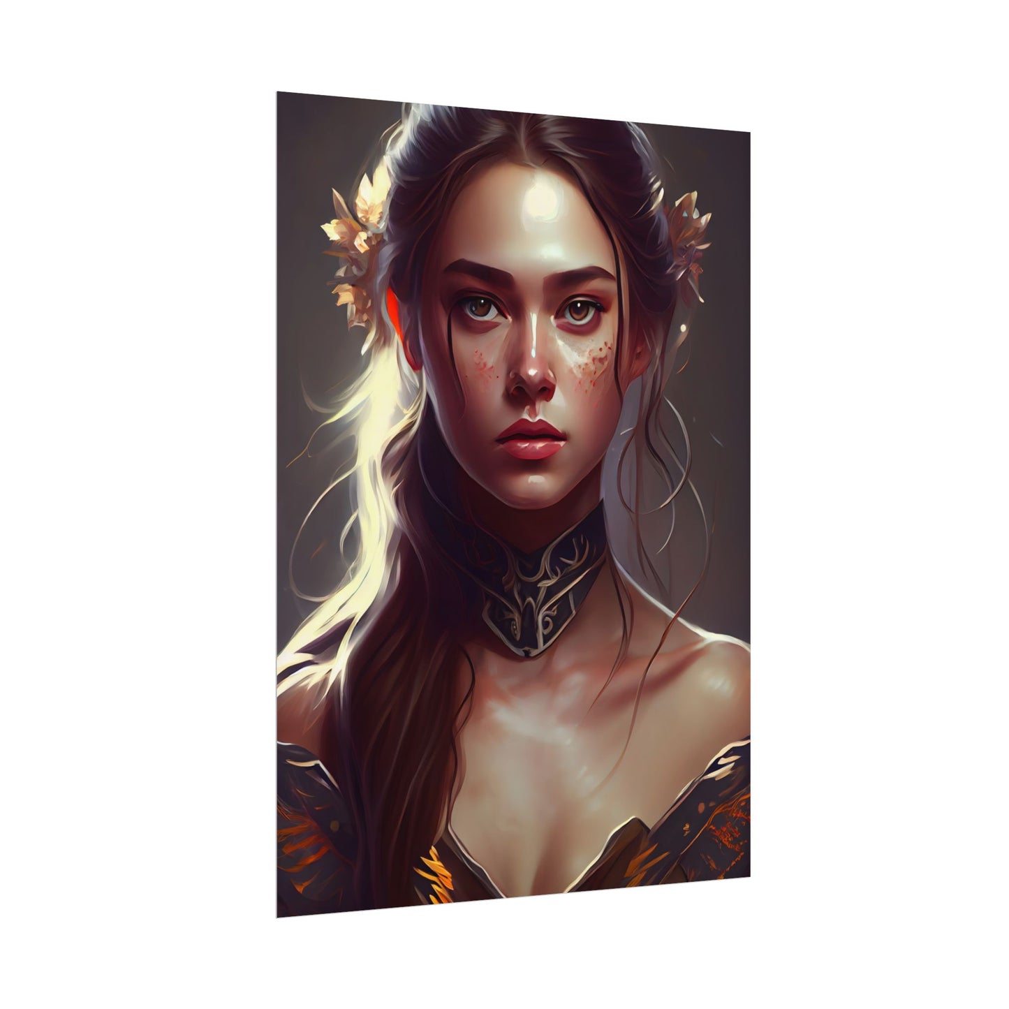 Stunning Female Portrait: Brown Hair Artwork in a Dramatic Style - Poster