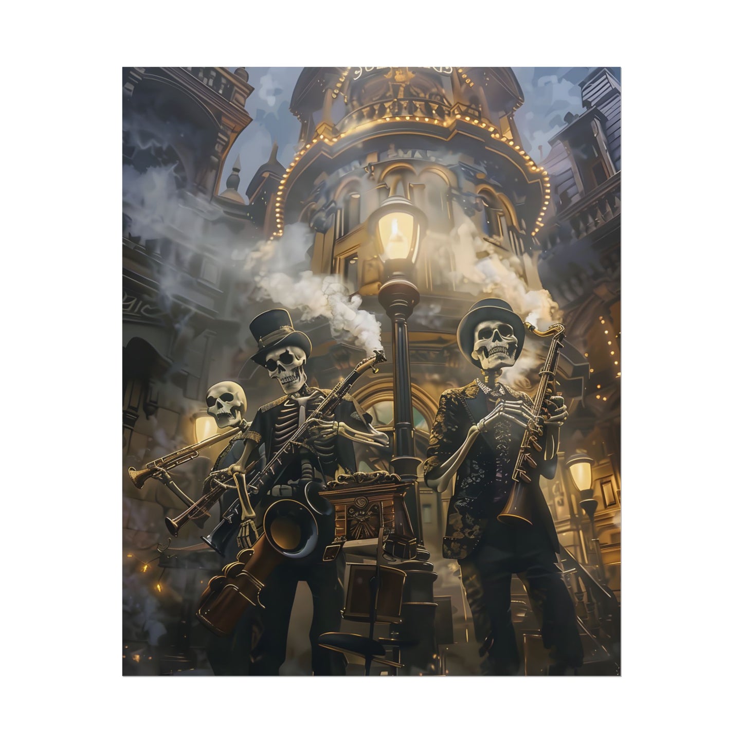 Victorian Skeleton Jazz Band: Nostalgic Lowbrow Art Piece - Poster