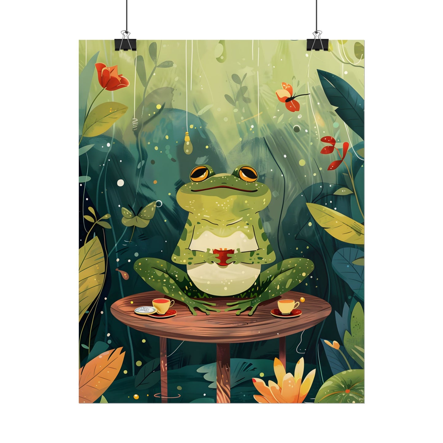 Whimsical Frog on Water: Playful Lily Pad Illustration - Poster