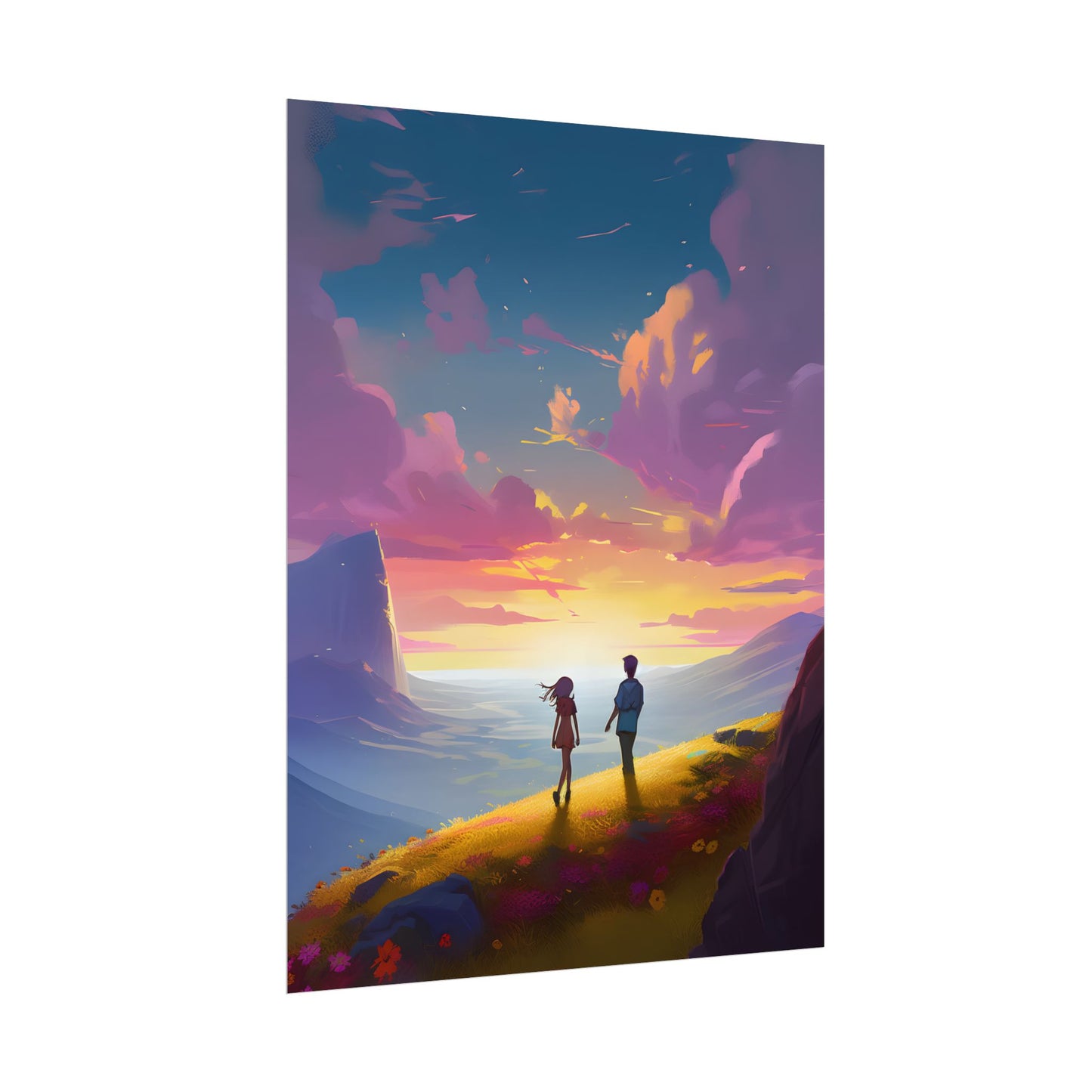 Young Love in a Cloudy Meadow: A Heartwarming Artwork - Poster