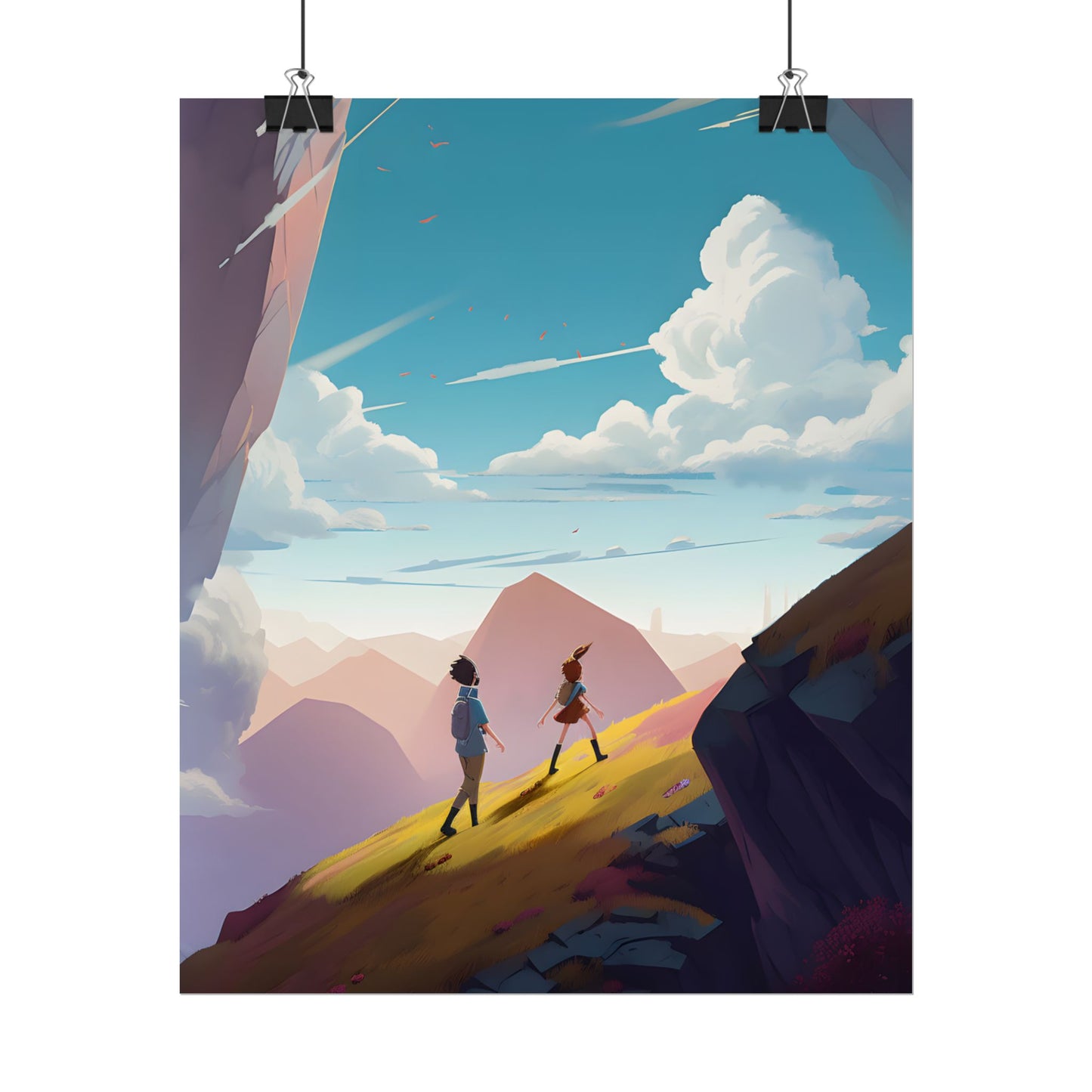 Young Boy and Girl on Cloudy Meadow: Outdoor Landscape Art - Poster