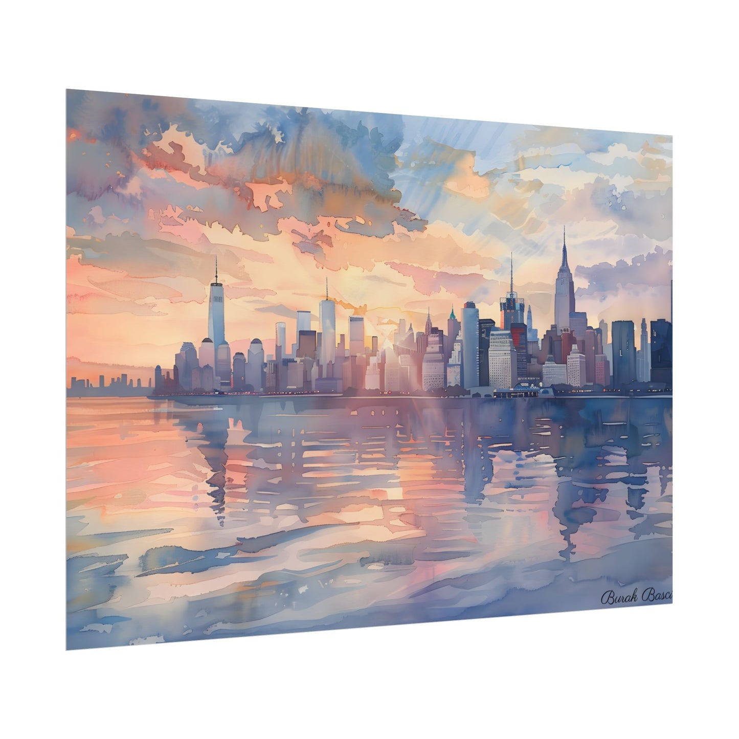 Watercolor New York City Sunset: Golden Hour Artwork - Poster