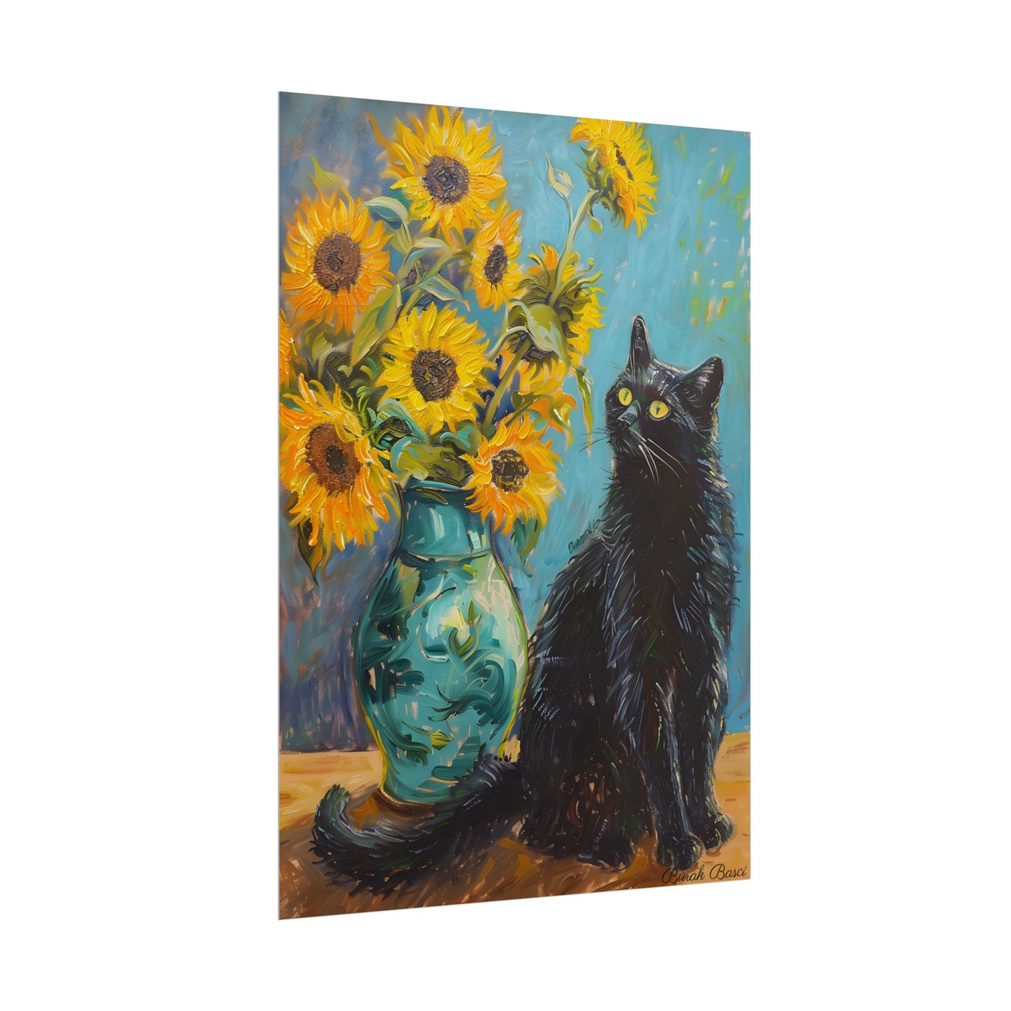 Whispers in the Garden: A Black Cat Among Sunflowers - Poster