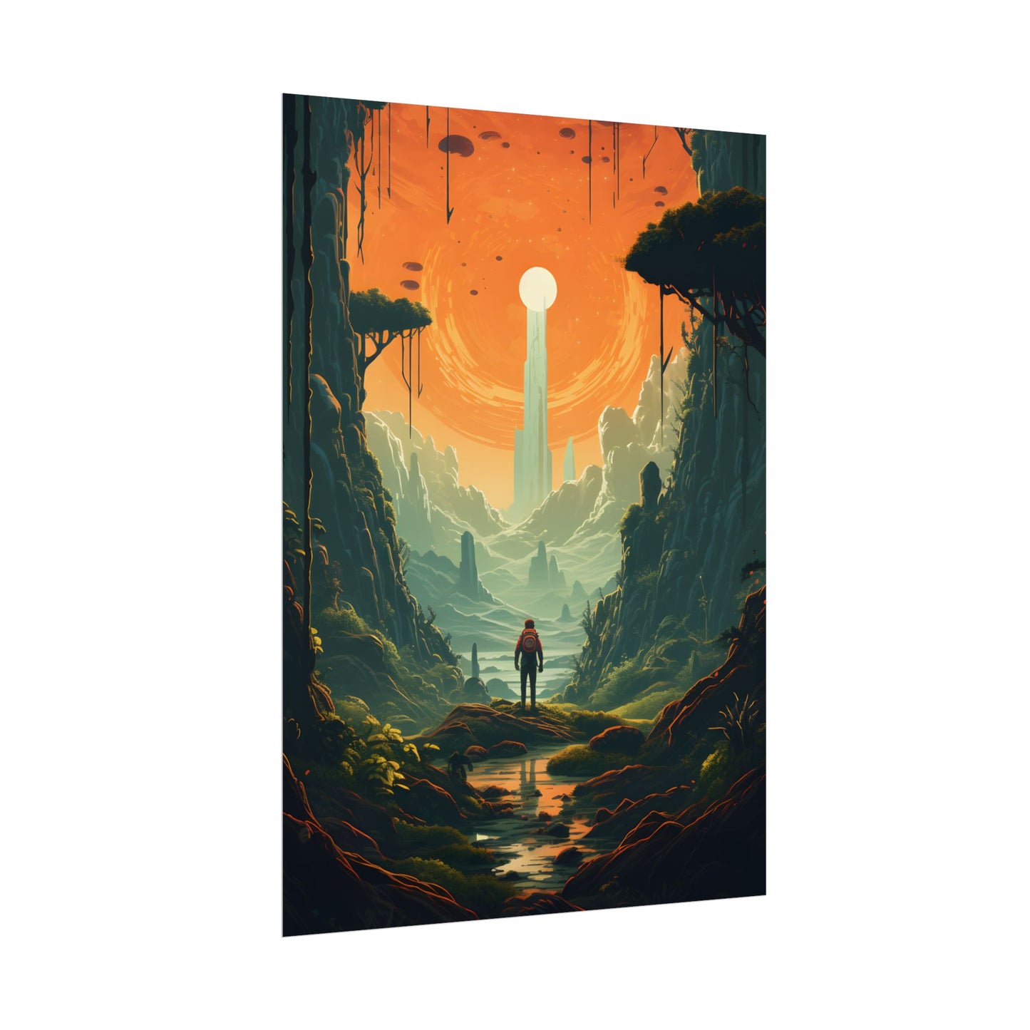 Futuristic Wilderness Explorer: Solo Discovery in Sci-Fi Terrain - Poster