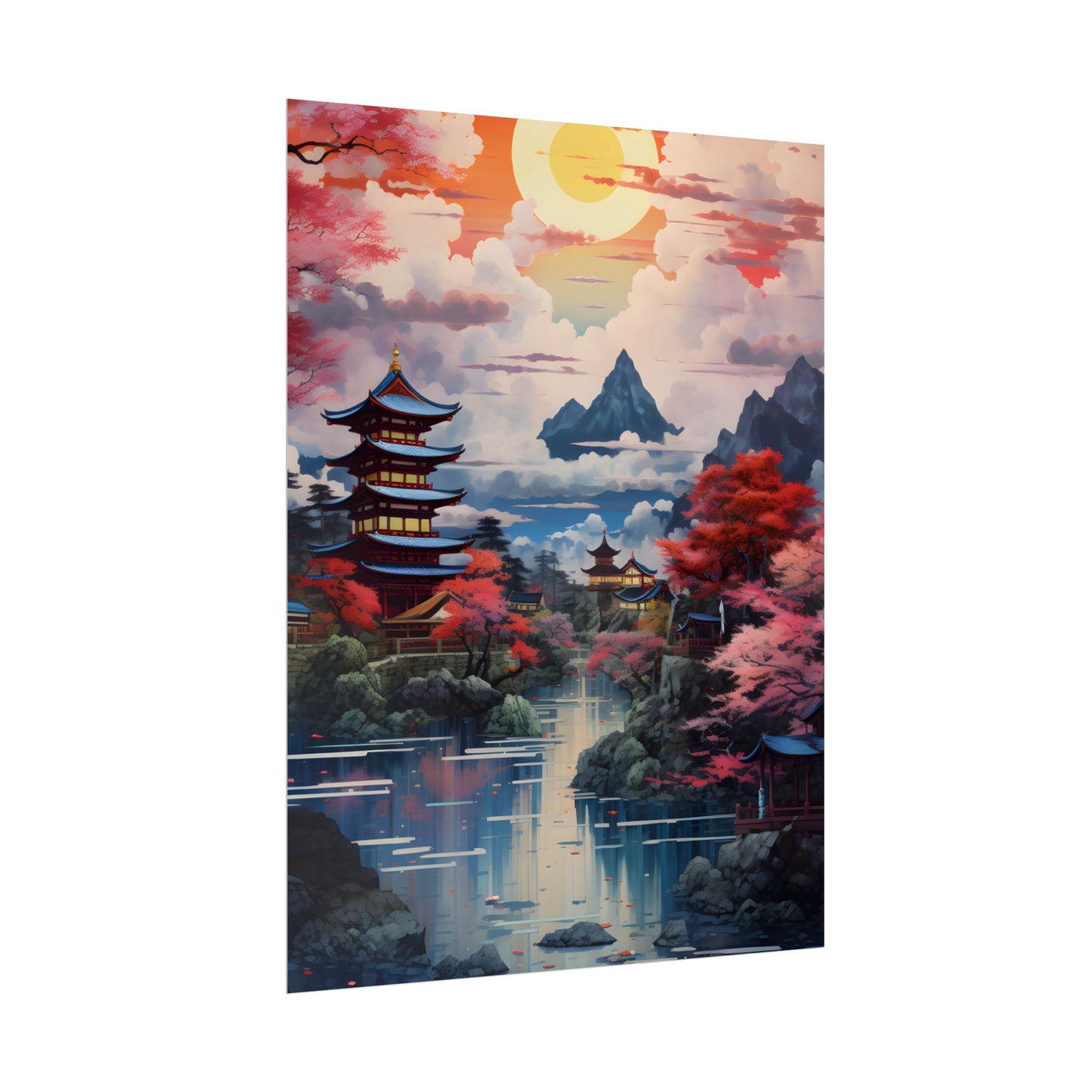 Wonderful Japanese River Scene with Serene Flowers - Poster