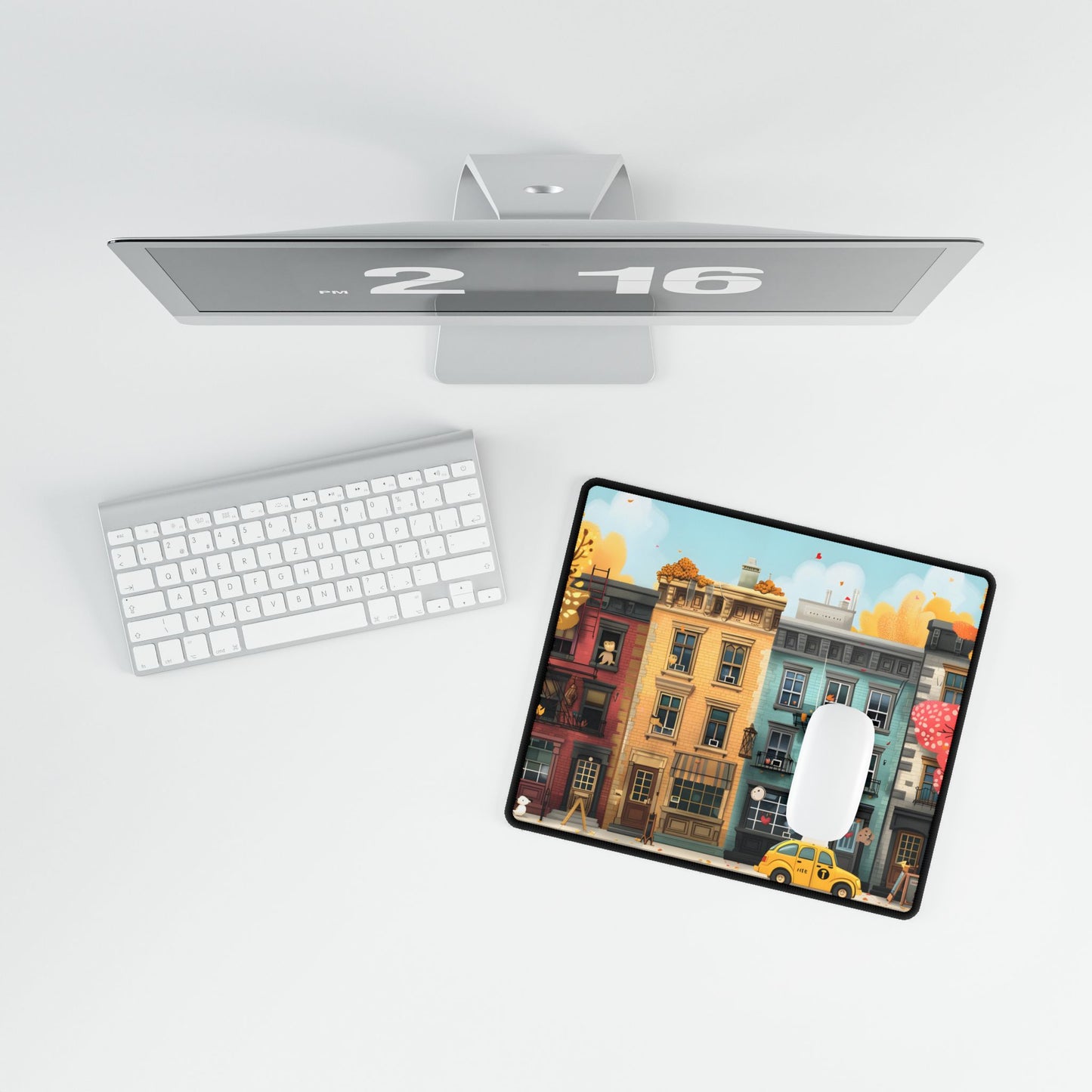 Whimsical Wonder: Playful Yellow Building Illustration - Desk Mat
