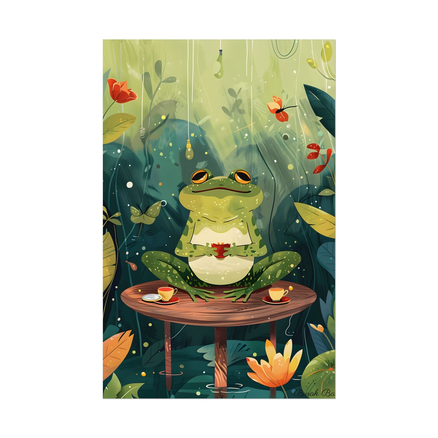 Whimsical Frog on Water: Playful Lily Pad Illustration - Poster