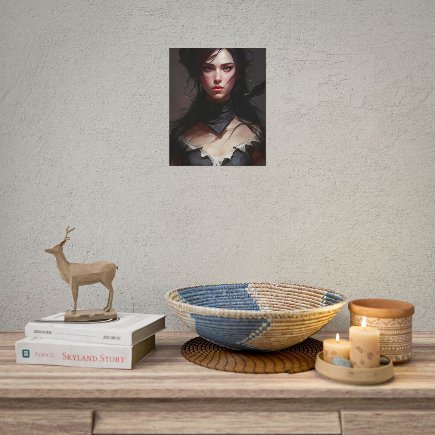 Female Portrait: Black Hair Artwork in Dark Background - Poster