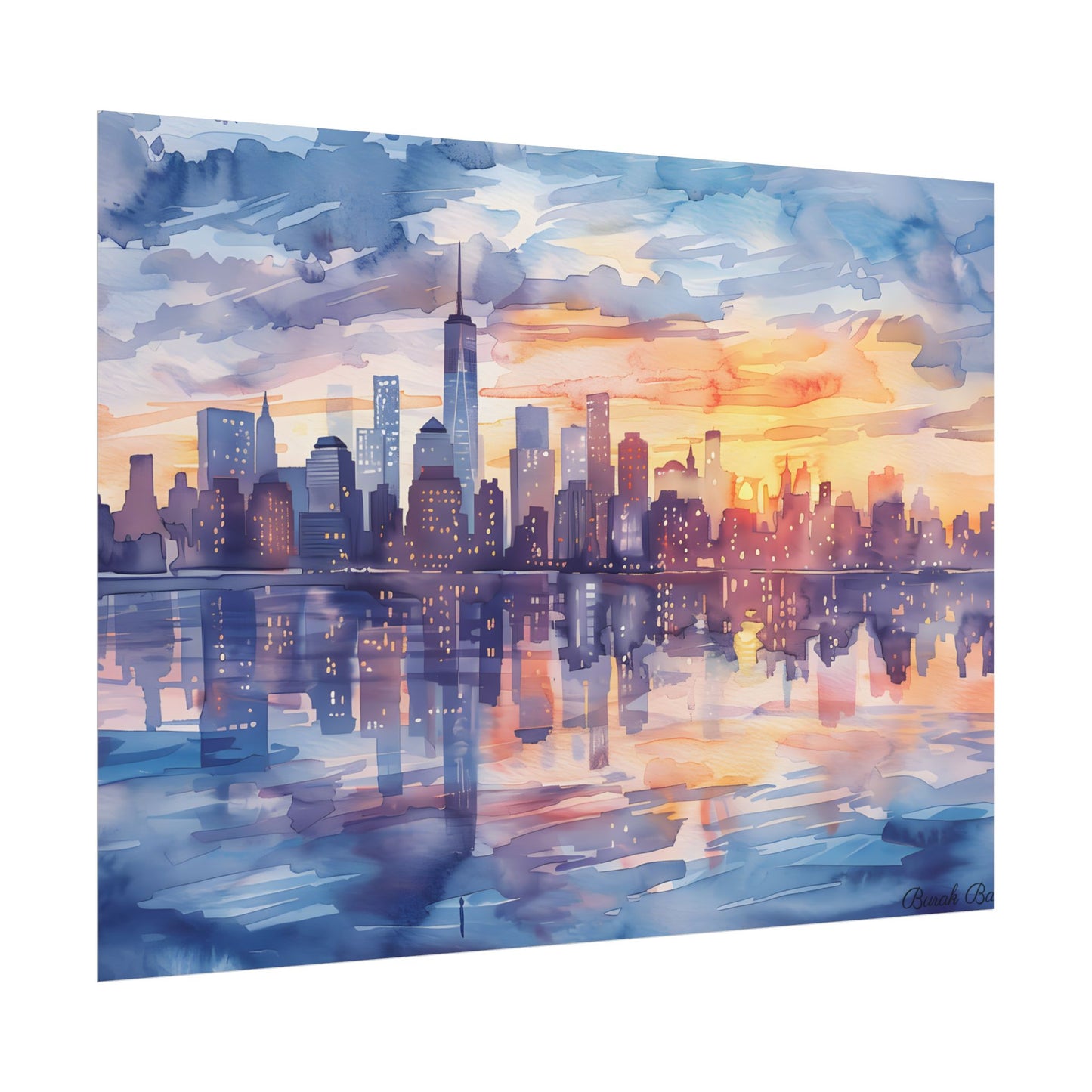 Watercolor New York City Sunset Skyline: Artistic NYC View - Poster