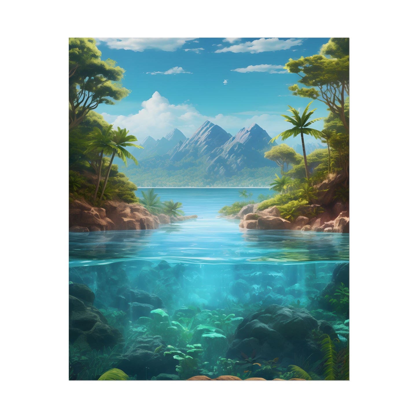 Tropical Tranquility: Serene Lagoon Island Art - Poster