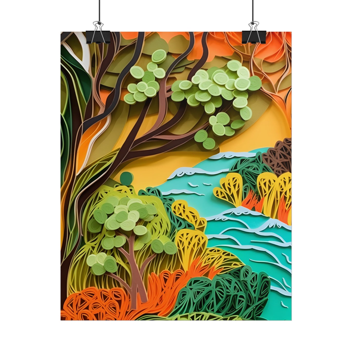 African Paper Quilled Landscape: Artwork in Brown and Green - Poster