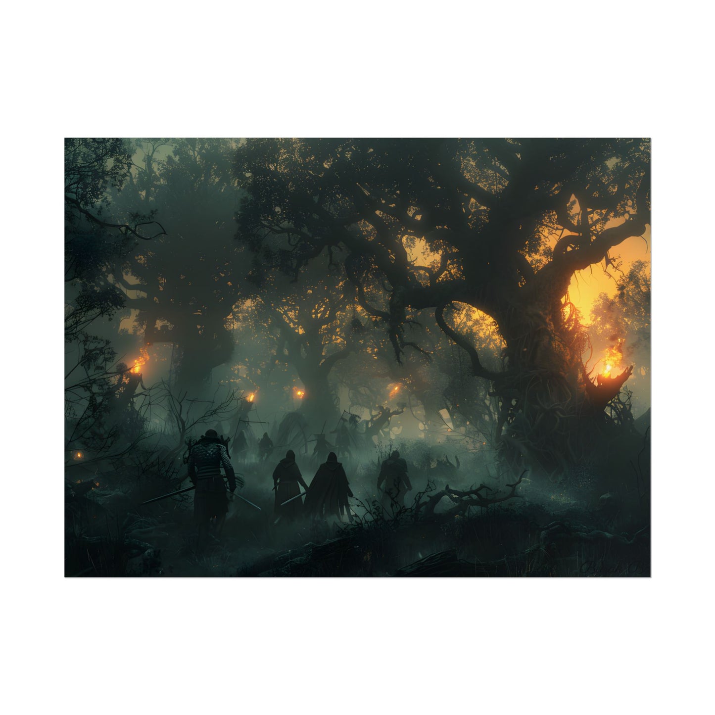 Serene Forest Sunset: Peaceful People's Journey - Poster