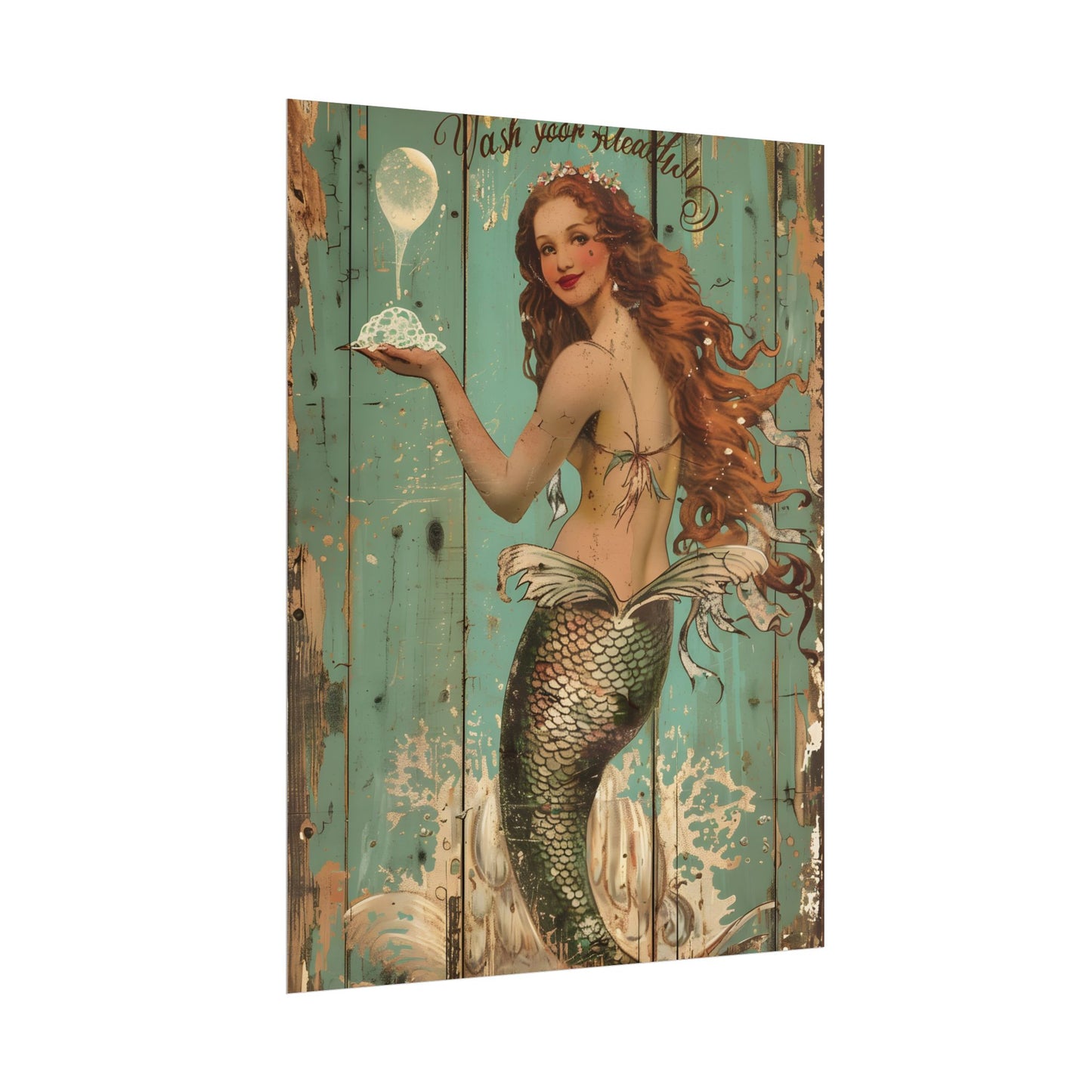 Whimsical Vintage Mermaid: A Soap Bubble Serenade - Poster